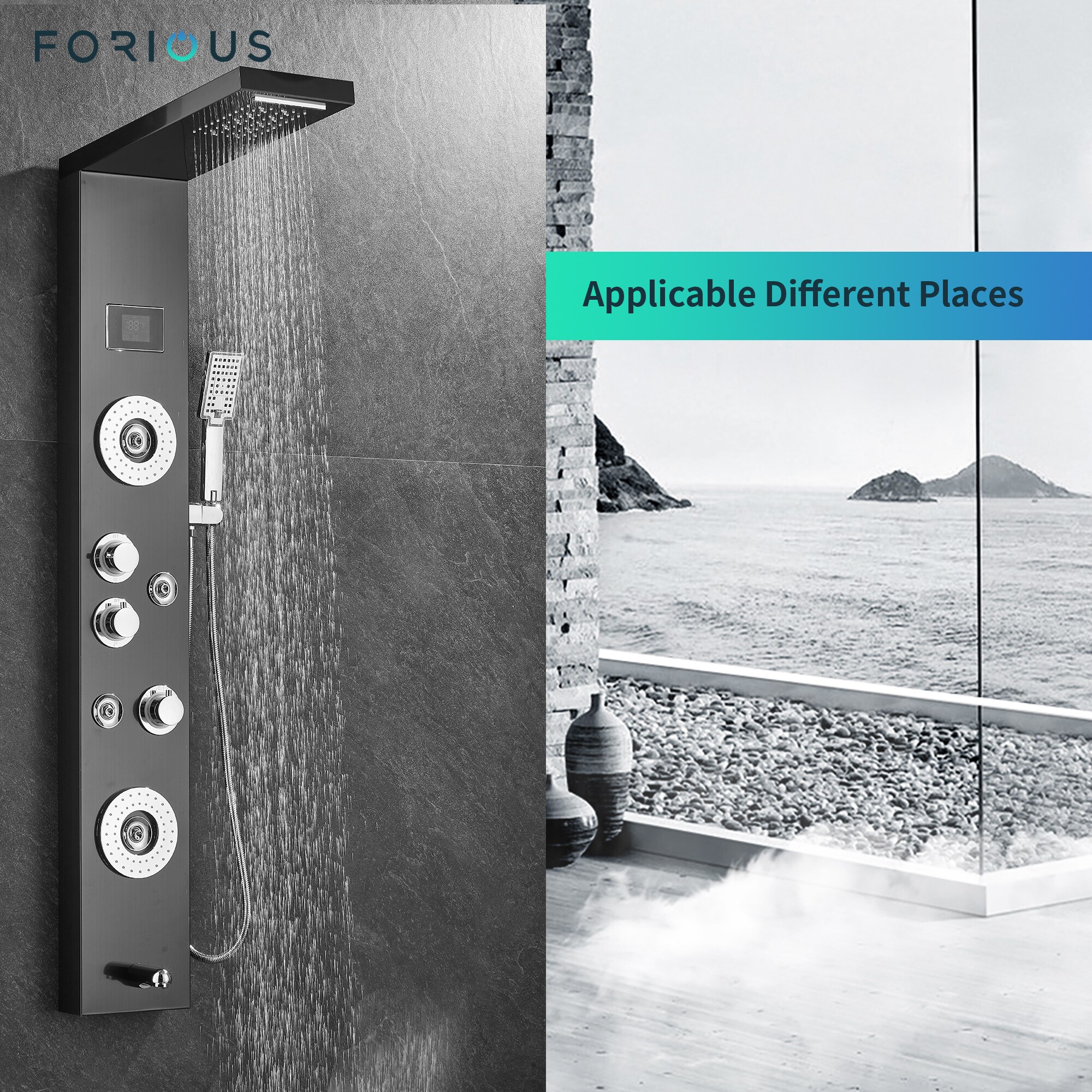 FORIOUS Black Dual Head Waterfall Shower Tower System with 4-way ...