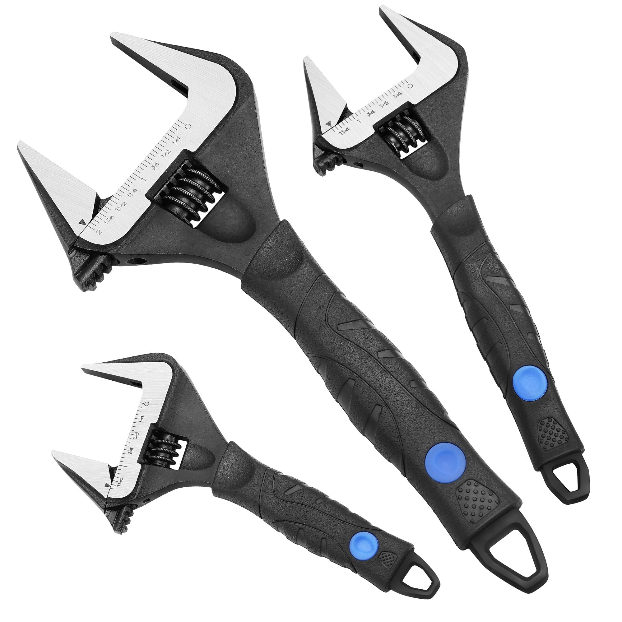 Etokfoks  Metric and SAE Adjustable Wide Jaw Ratcheting Wrench Set with Rubber Handle and Carrier 3 Piece