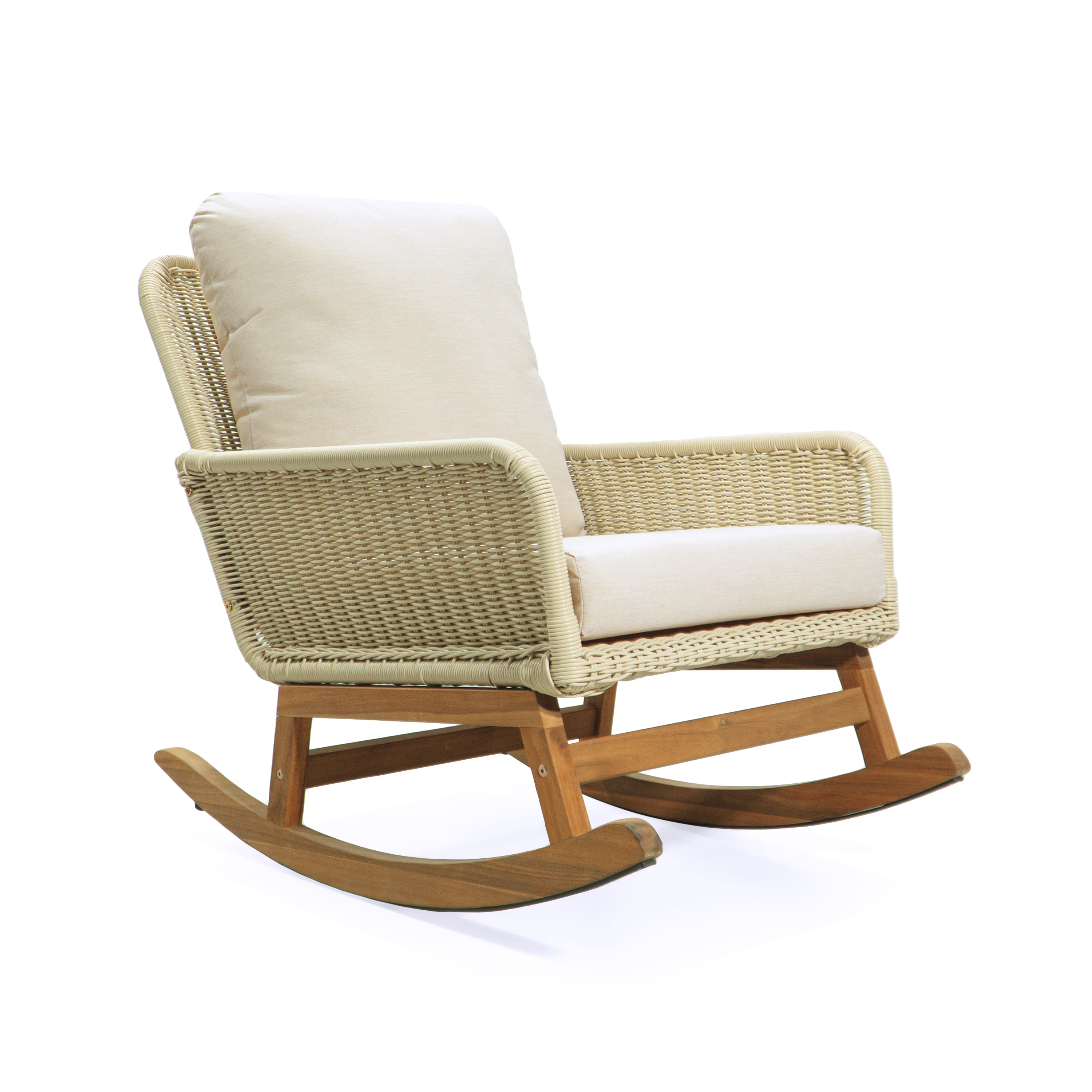 LIVIZA GIGP229004C Minimalist Beige Wicker Rocking Chair Wicker Beige Wood Frame Rocking Chair with Beige Beige Cushioned Seat