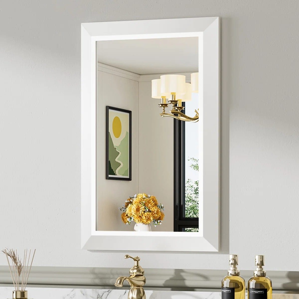 Blisstyle Tempered Glass Horizontally and Vertically 16-in x 24-in Framed Rectangle Bathroom Vanity Mirror ( White )