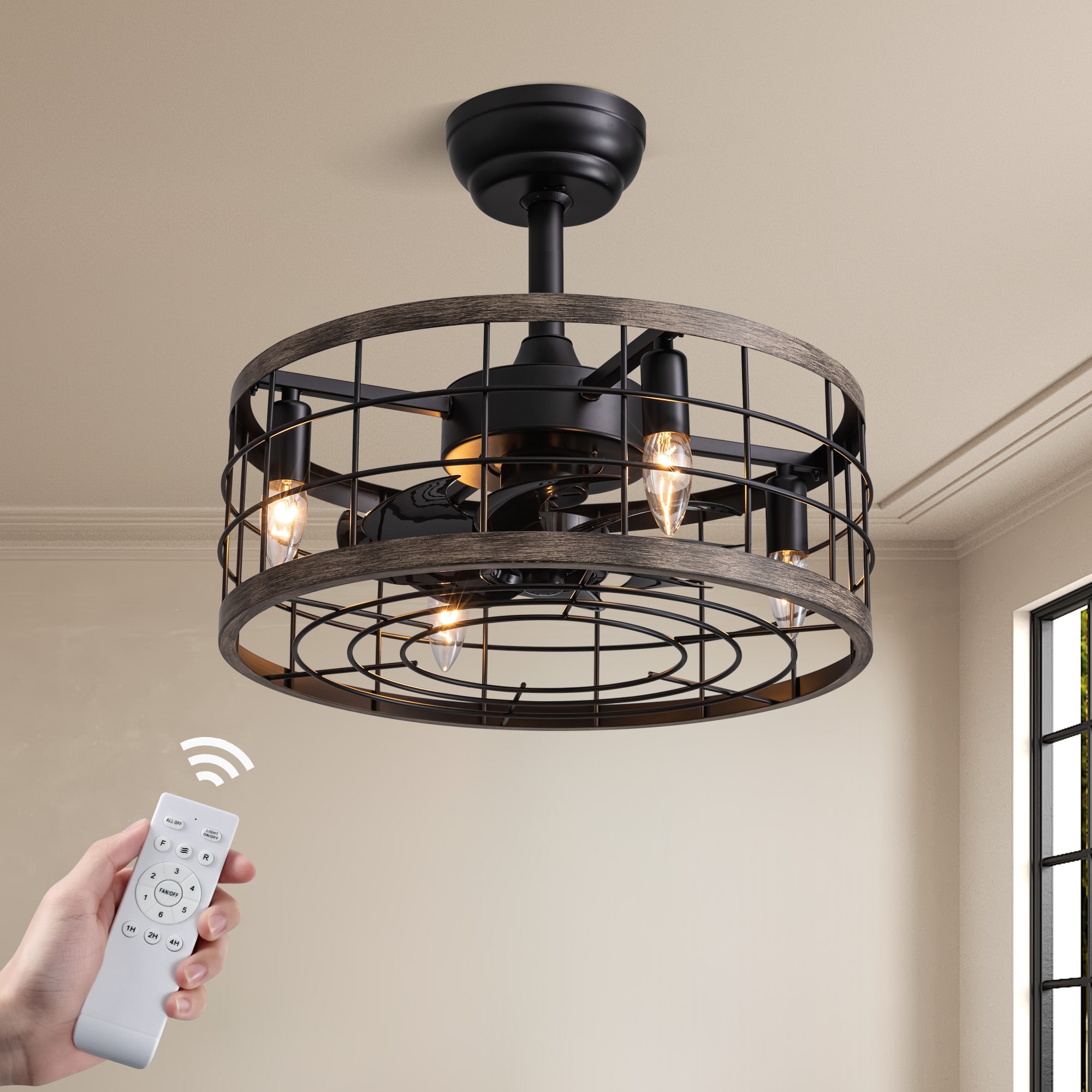 Antoine LSFD-11 18-in Rustic Enclosed Black Drum with ABS Black Blades Fandelier Ceiling Fan With Light - Remote Included ( 8 -Blade )