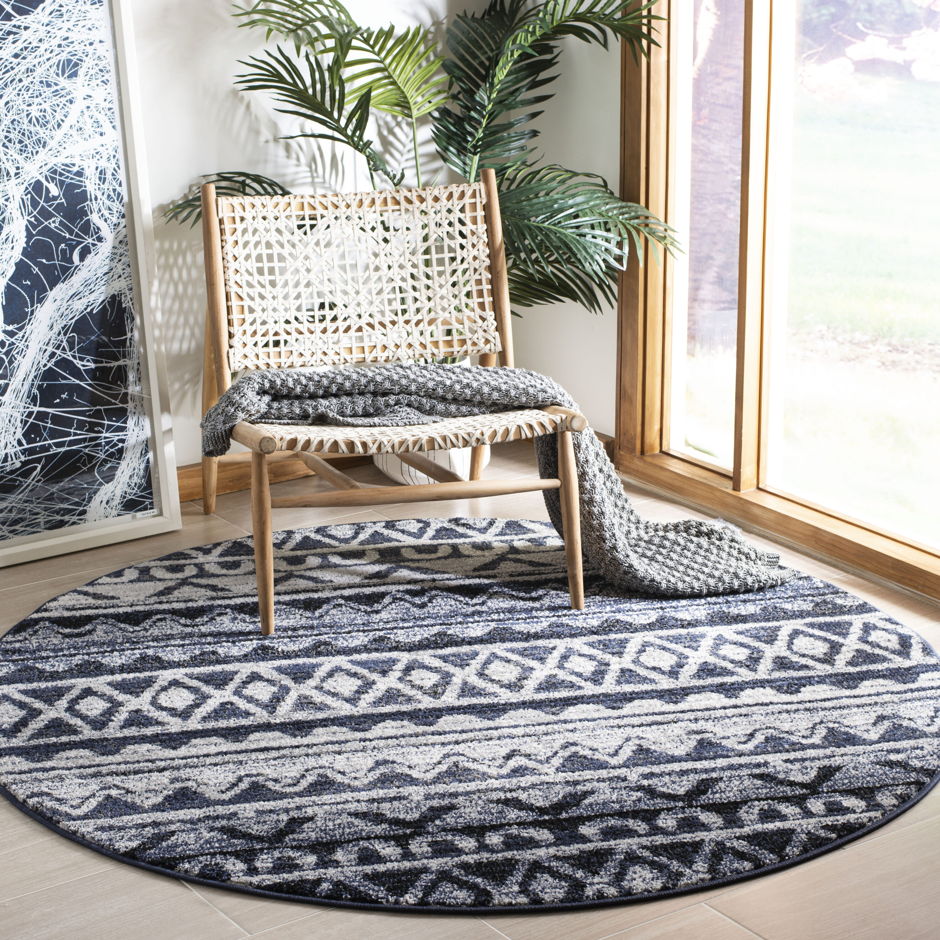 Safavieh ADR119M-6R Adirondack Gage 6 x 6 (ft) Loomed Polypropylene Ivory/Navy Round Indoor Abstract Lodge Area rug