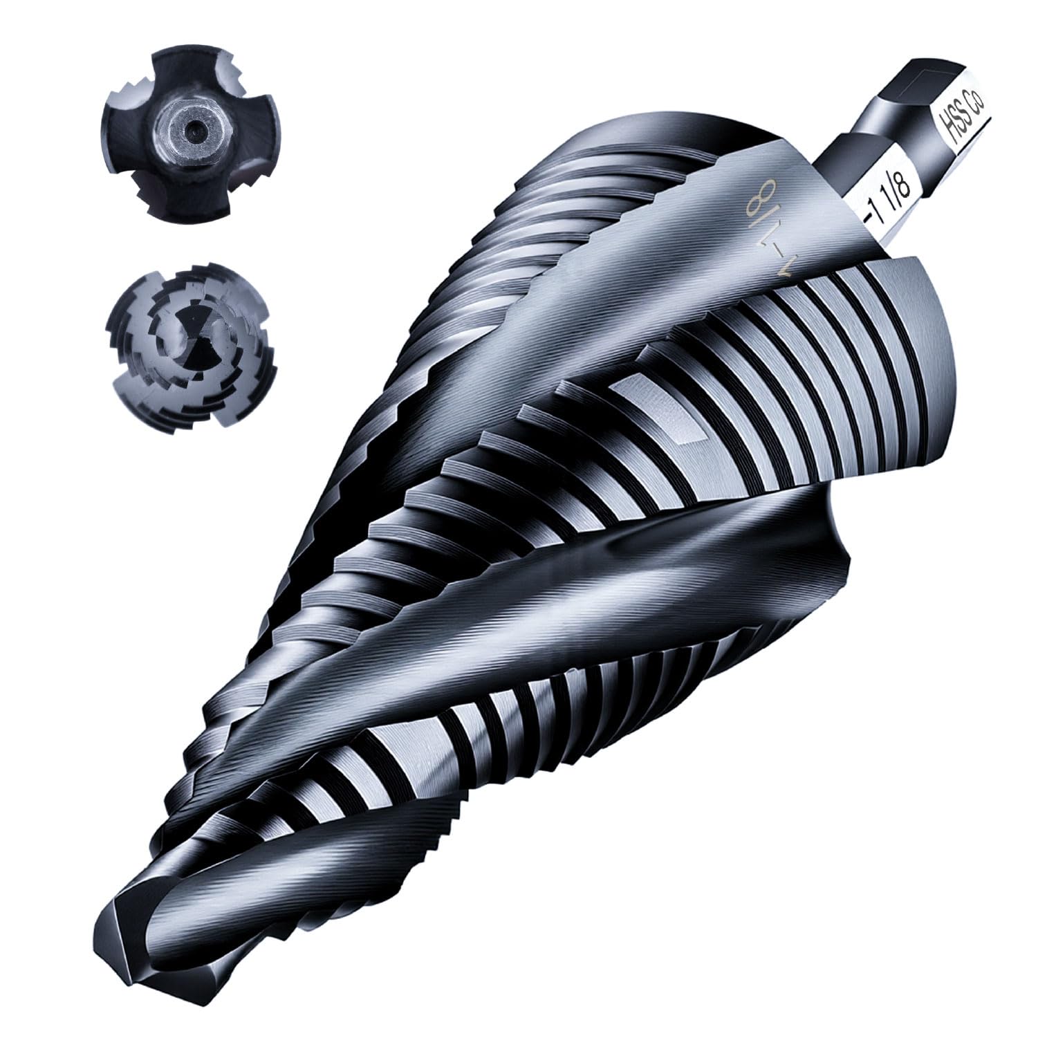 toolant 1/4-in Step Drill Bit (1/4-in to 1-1/8-in) M35 Cobalt HSS TiAlN Coated Four Spiral Flutes Hex Shank Unibit for Metal Stainless Steel Aluminum and Plastic