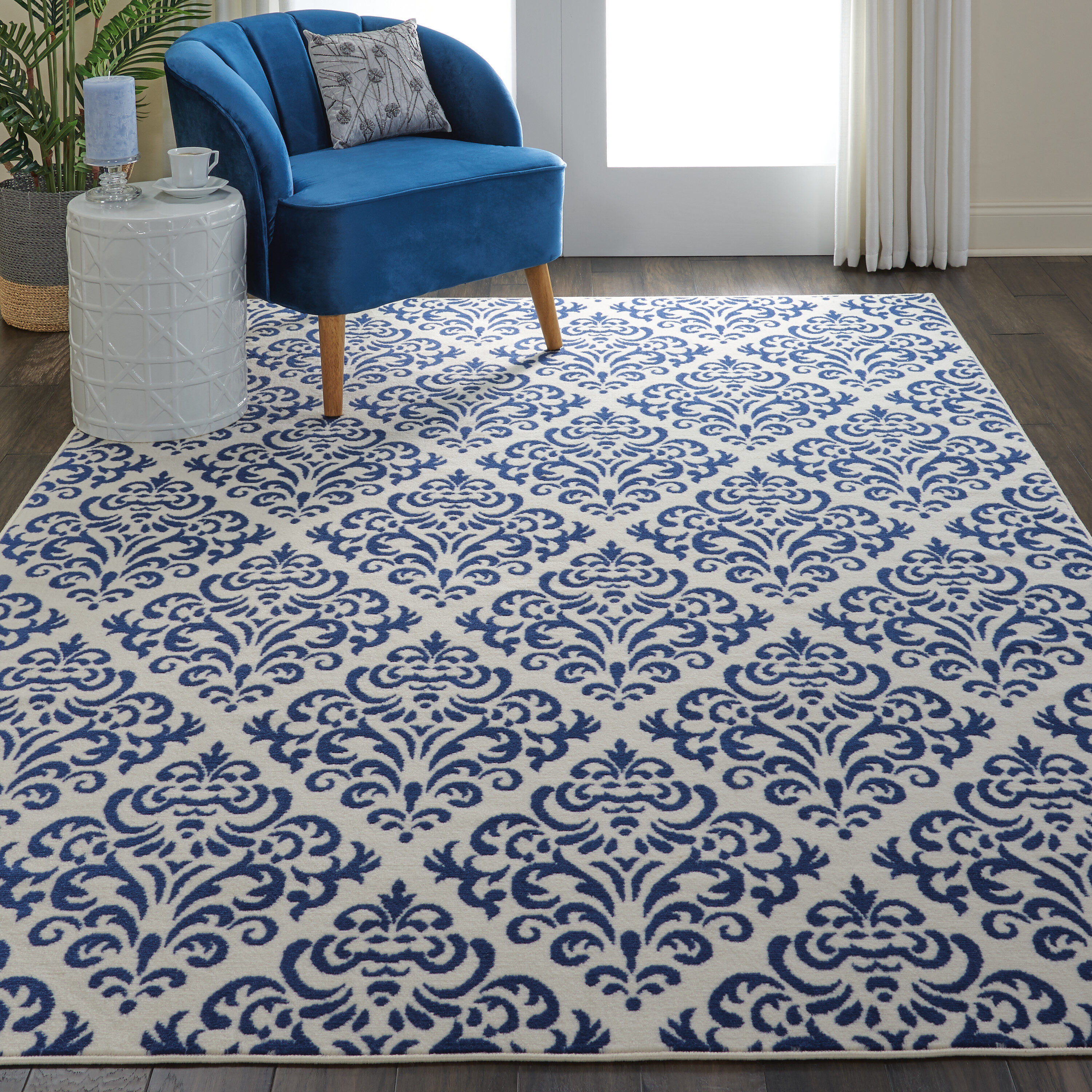 Nourison 99446459091 Grafix 6 x 9 (ft) Loomed Polypropylene White/blue Rectangular Indoor Damask Area rug