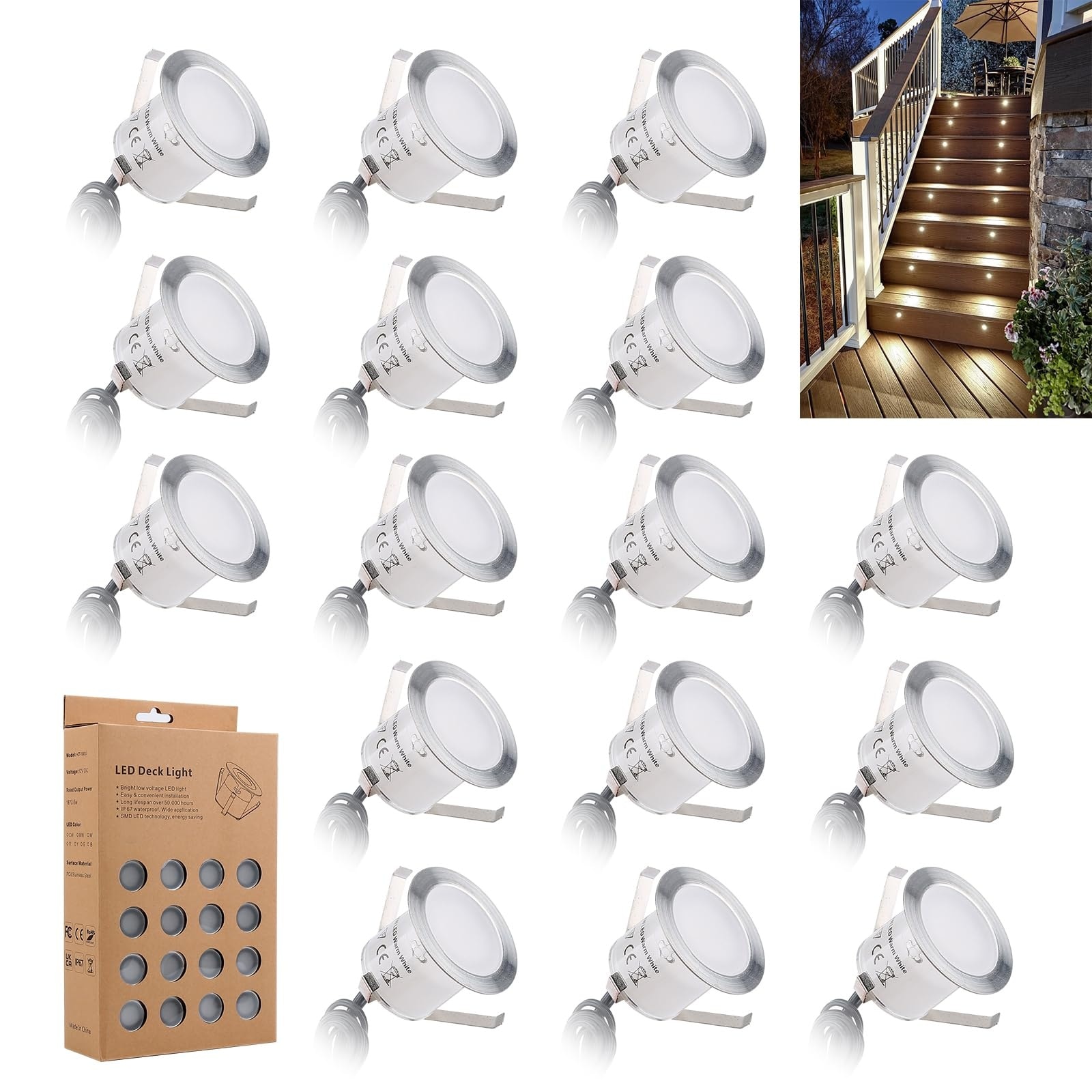 Lukvuzo  16 Pack Recessed LED Deck Light Kits IP67 Waterproof 12V Low Voltage Outdoor Landscape In Ground Lighting for Garden Yard Patio Step Stair Floor