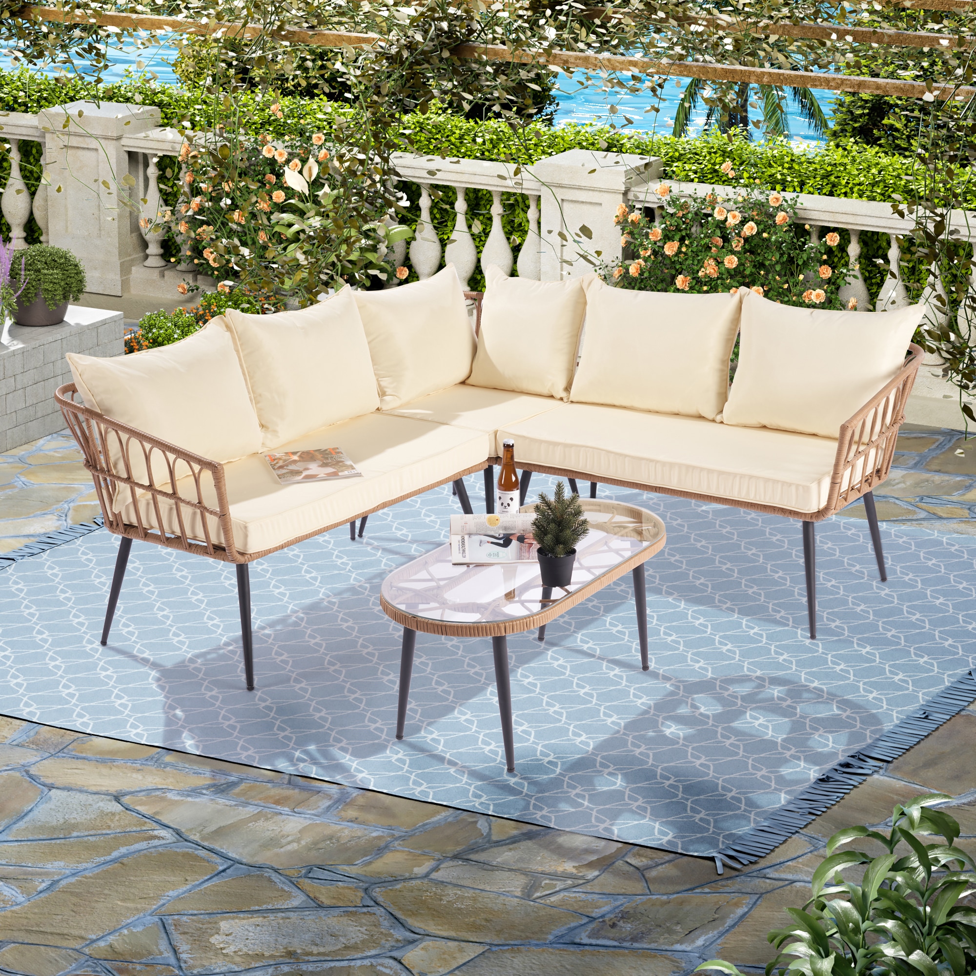 Gaierptone CRX61OOB8VV Patio Conversation Set 4-Piece Patio Conversation Set with Off-white Cushions