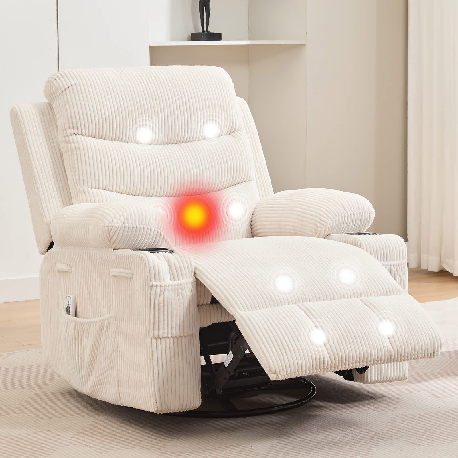 Qeetex SUN-PHK-34BY7J86 Swivel Rocker Recliner Chair with Massage and Heat Oversized Reclining Sofa with 360° Swivel Side