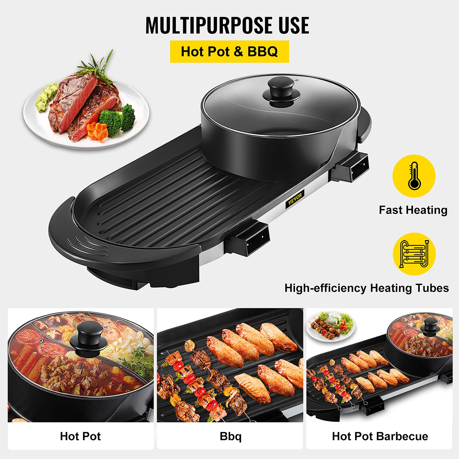 YXSUN Electric Hot Pot BBQ 2 in 1 2200 W Double Separation Barbecue Grill Household Hot Pot W100751