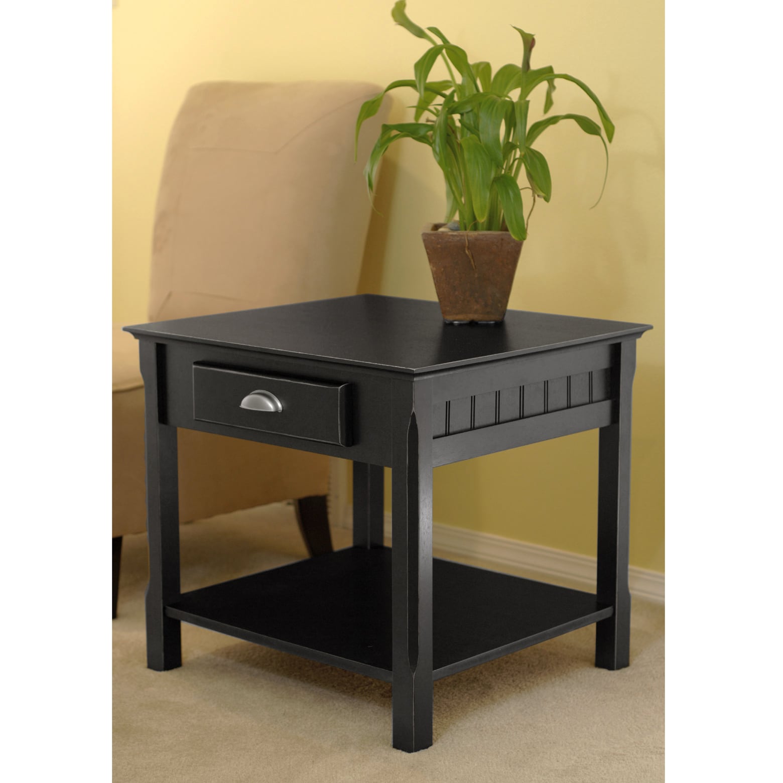 Transitional Timber Black Wood End Table with Drawer and Shelf
