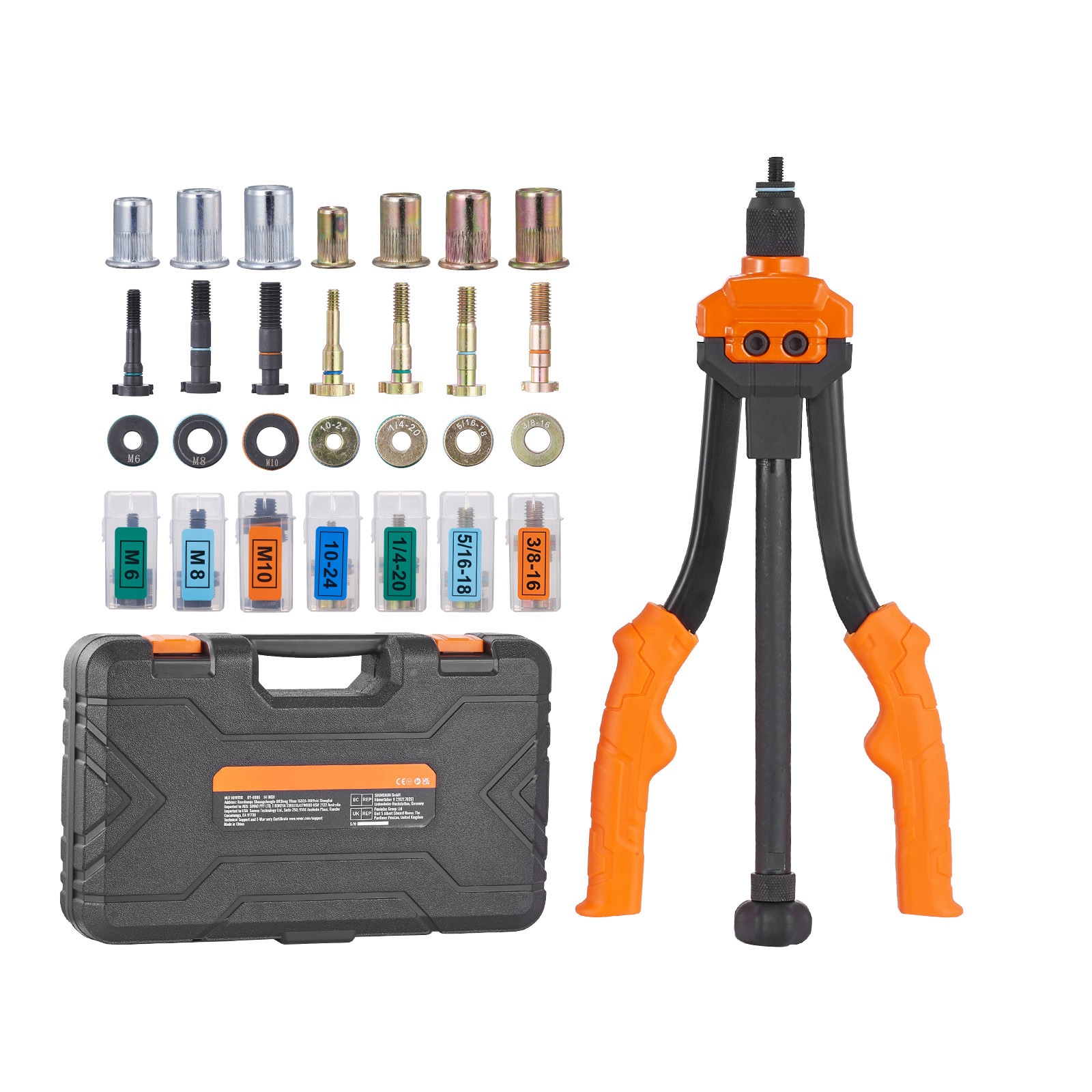 Wooakway Rivnut Tool 14-inch Rivnut Tool Kit with 7 Metric and SAE Mandrels 70 Assorted Rivet Nuts 10-24 1/4-20 M6 5/16-18 M8 3/8-16 M10 Comes with a Durable Carrying Case Tool Sets with Case Tool Box for Auto Repair and Home Maintenance #FXLS0607-604E54