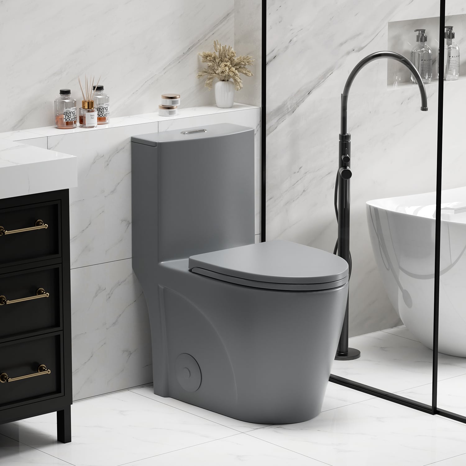 Vynxaria - Gray Dual Flush Elongated Chair Height 12-in Rough-In 1.6/1.1 GPF 1-piece Toilet