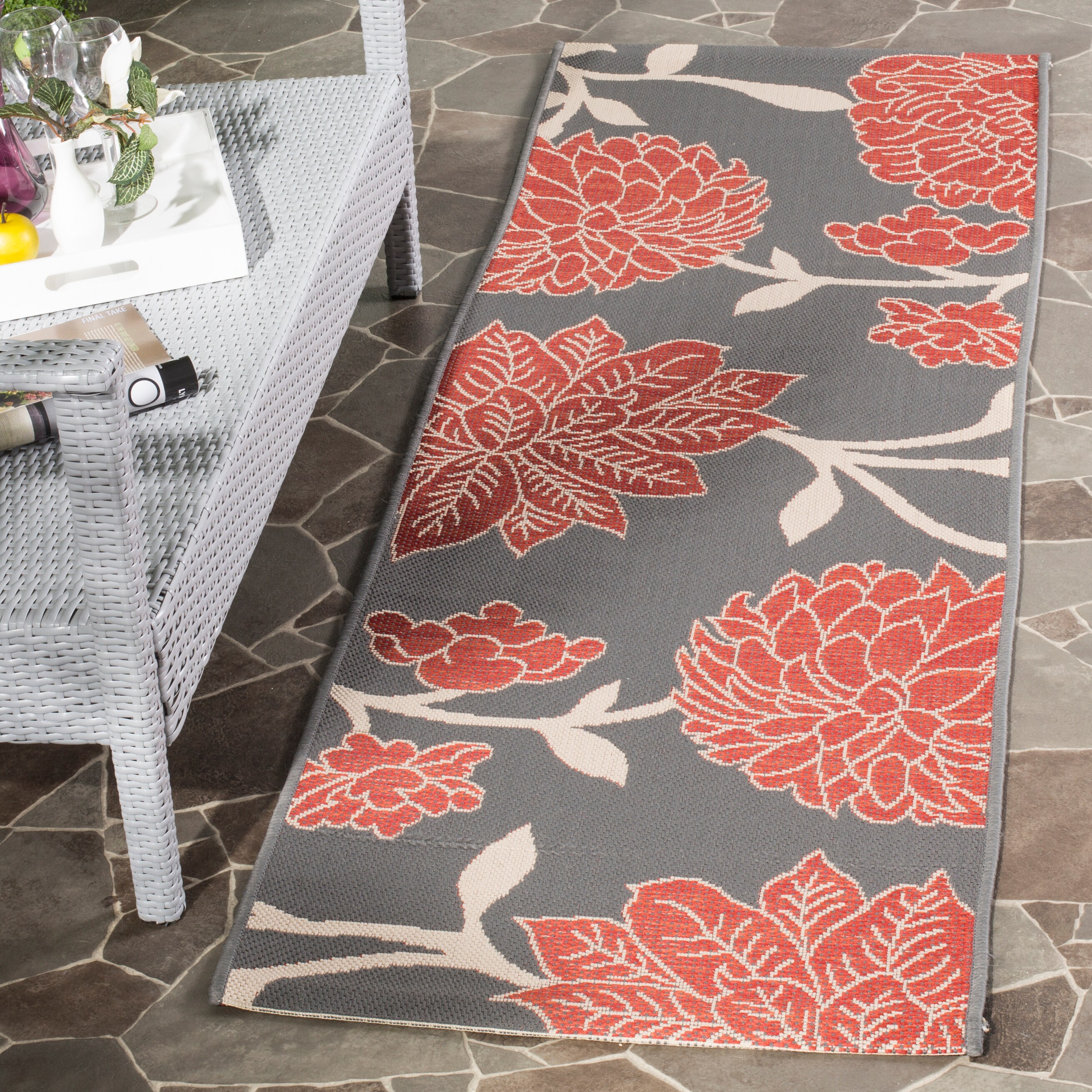 Safavieh CY7321-246A11-27 Courtyard Arras 2 x 7 (ft) Loomed Polypropylene Anthracite/Red Rectangular Indoor/Outdoor Floral/Botanical Coastal Runner rug