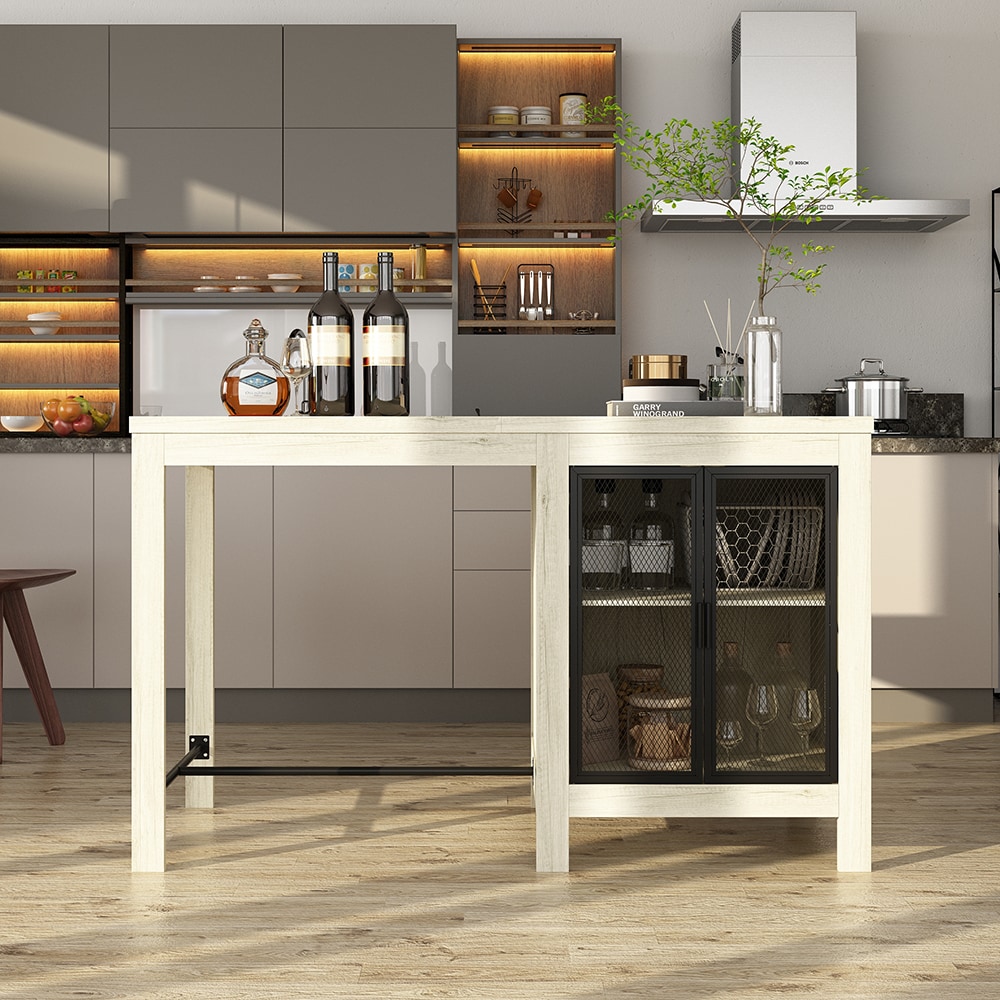 Homsee C-KF210349-01 White Oak Textured 63 in. Work Table with Metal Mesh Cabinet and Storage Shelves Industrial Counter-Height Desk for Home or Studio