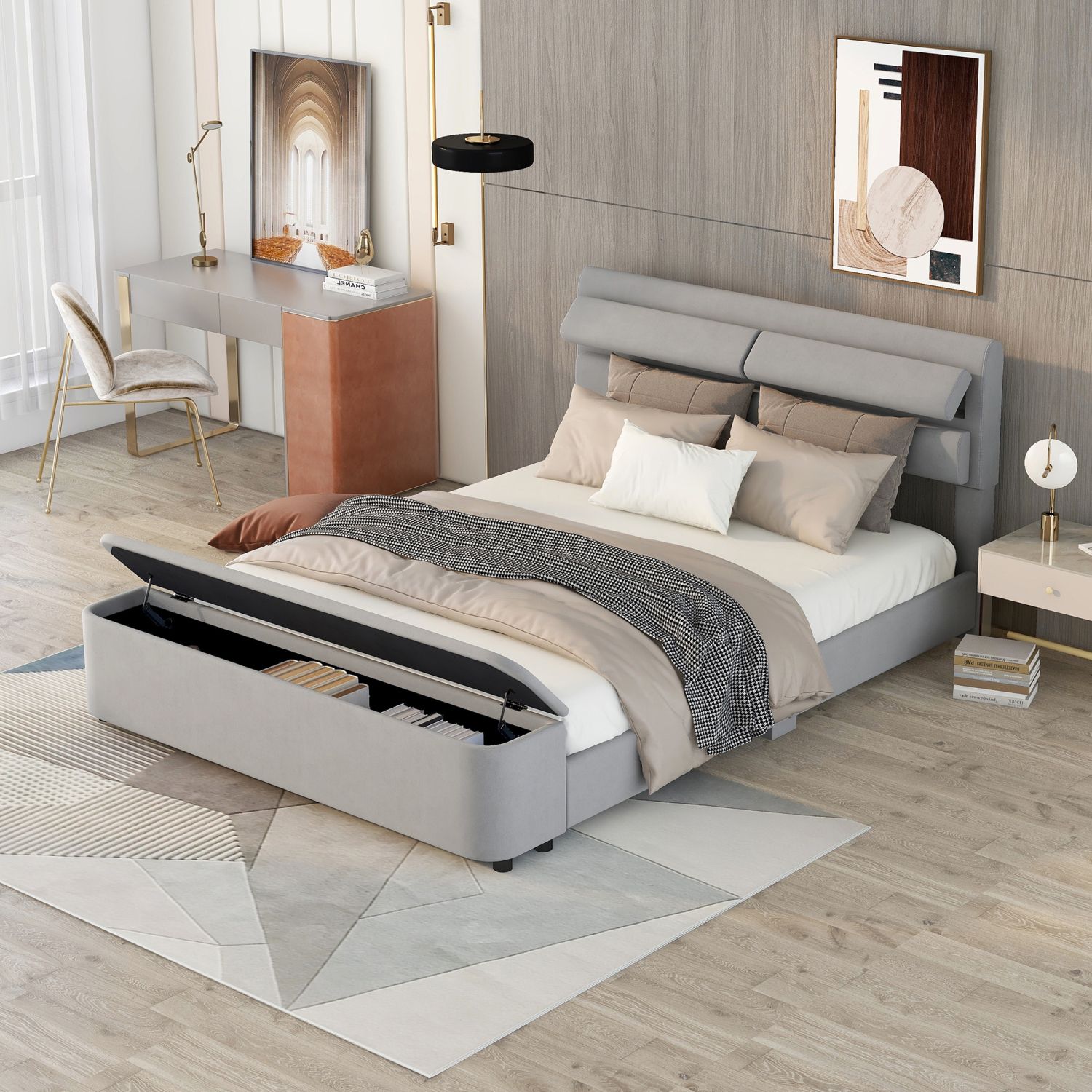 JASMODER GX001510AAE Grey Queen Composite Platform Bed with Storage