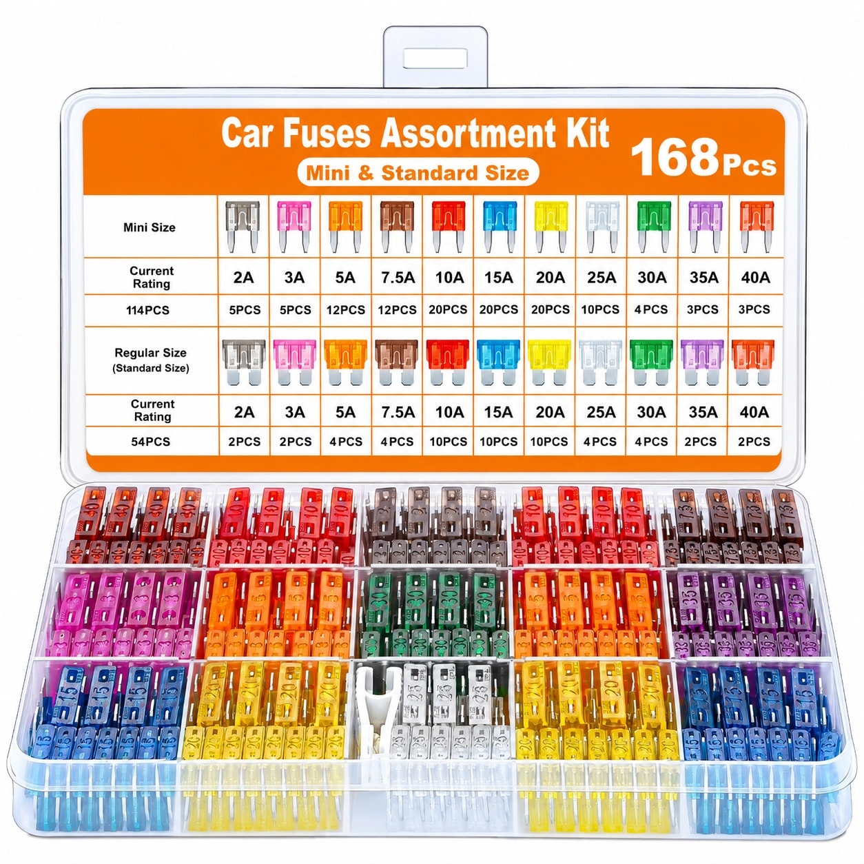 Vrbgify  Car Fuses Assortment Kit 168 Pcs Mini and Standard Auto Fuses with Fuse Puller for Car RV Truck Motorcycle Boat 2 Amp 3 Amp 5 Amp 7.5