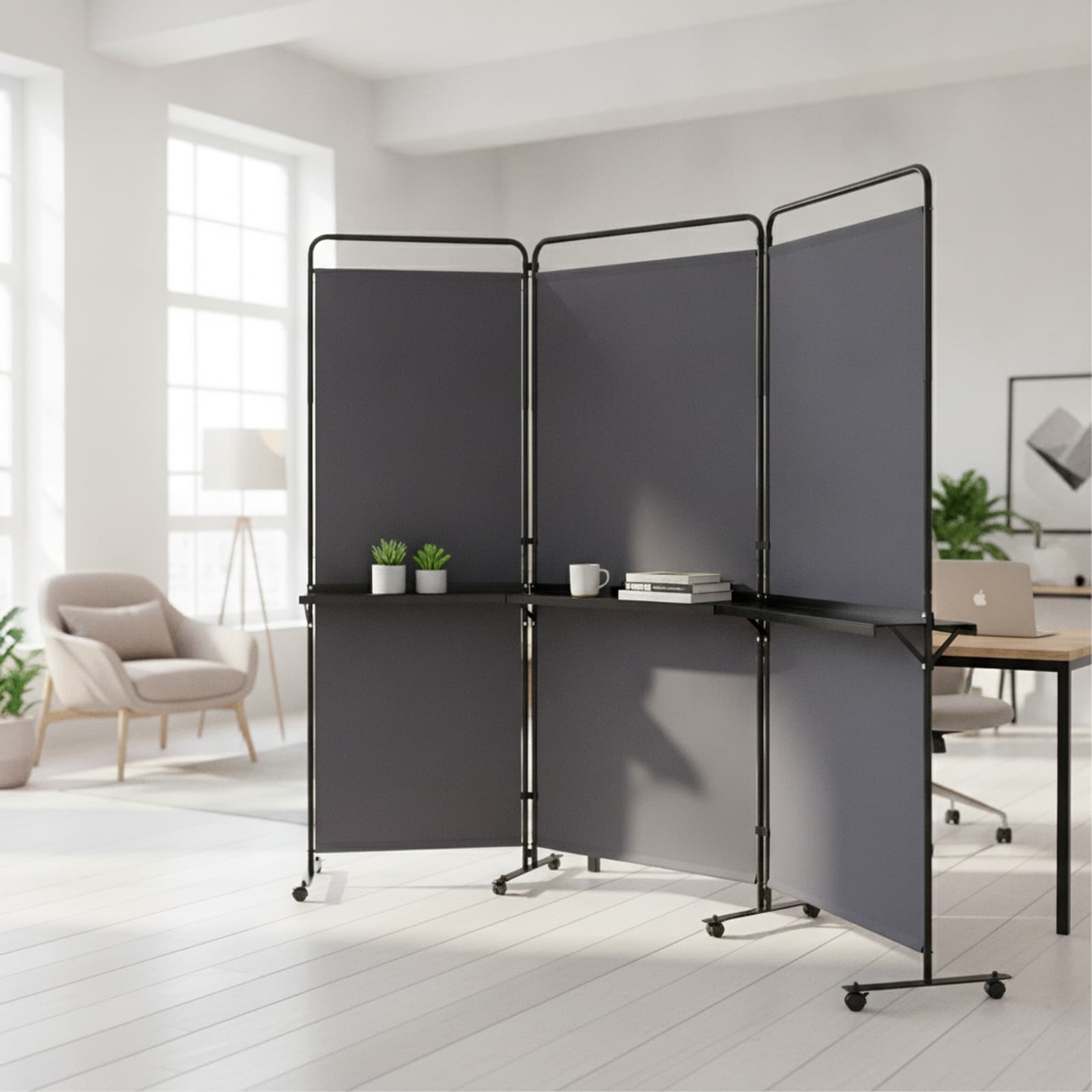 SUGIFT - 3 Panel Room Divider with Shelves 6 ft Folding Privacy Screen Freestanding Partition wit...