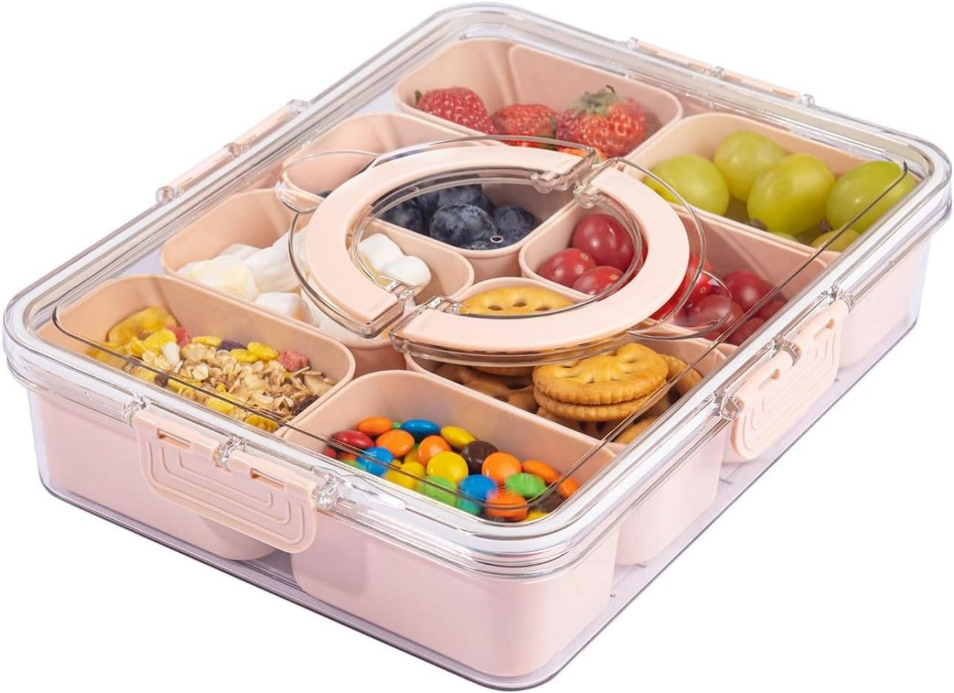 Wellife WELLFE Dishwasher Safe Snackle Box Container with 8 Small Snacks Box Premium Pink Plastic Divided Serving Tray with Lid and Handle for Snack Veggie Fruits Perfect for Mothers Day Picnic #XLH01PK