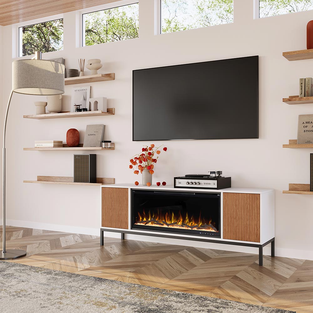 Emory White and Walnut Electric Fireplace TV Stand with 42” Firebox