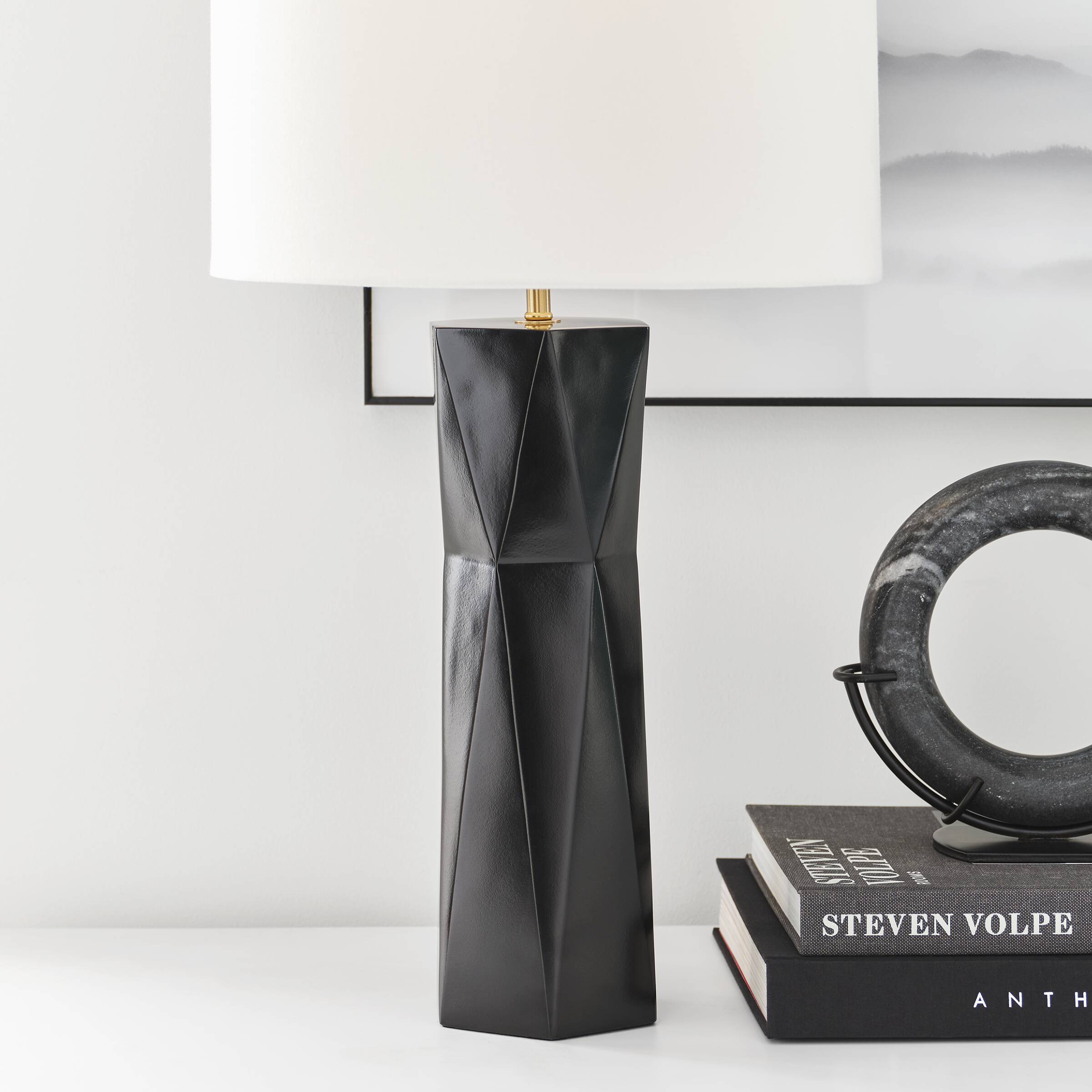 Gloss Black Resin Table Lamp with White Linen Shade