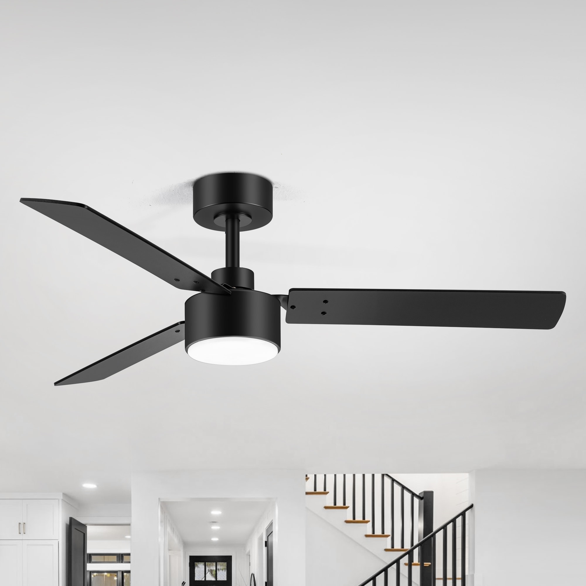 Breezary 30025-BK 48-in Color-Changing Integrated LED Matte Black with Black Blades Propeller Ceiling Fan With Light - Remote Included ( 3 -Blade )