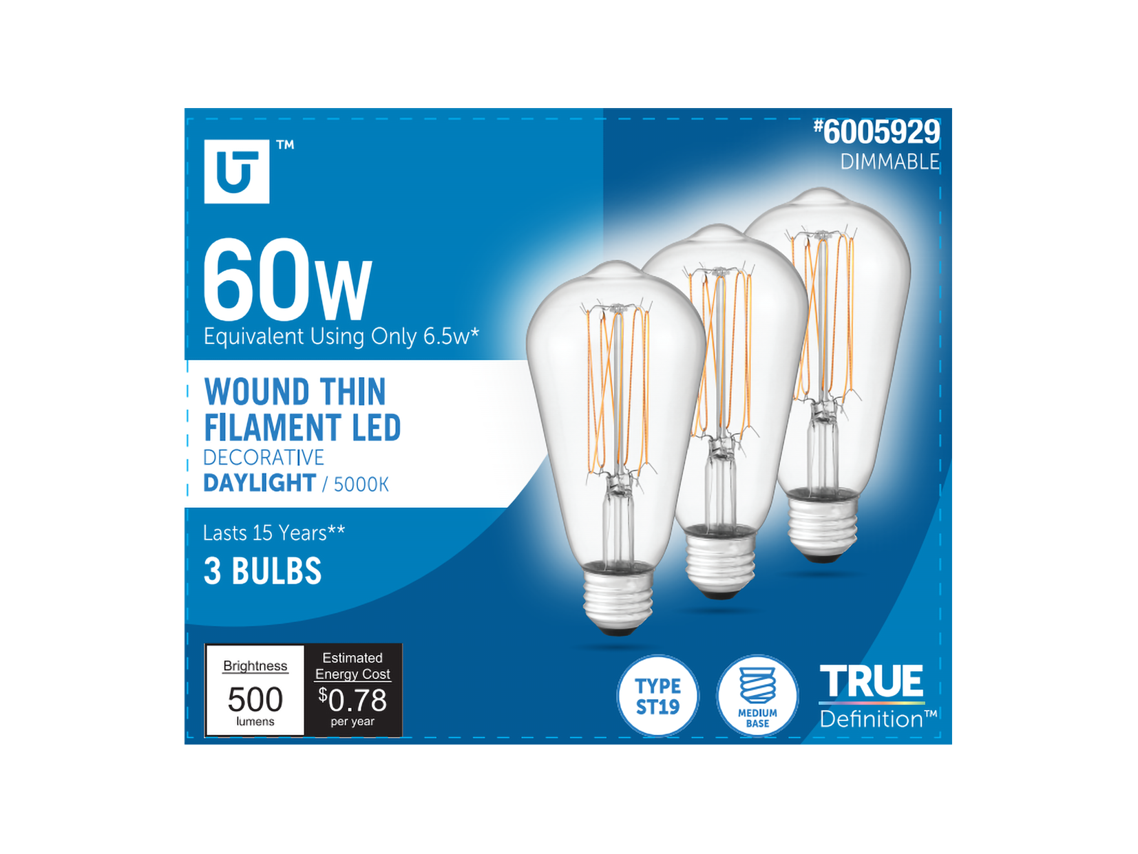 Utilitech 5ST19DG6.5WRNMCL50K3 Thin Curve 60 -Watt EQ ST19 Daylight E26 Dimmable LED General purpose Light Bulb 3 -Pack