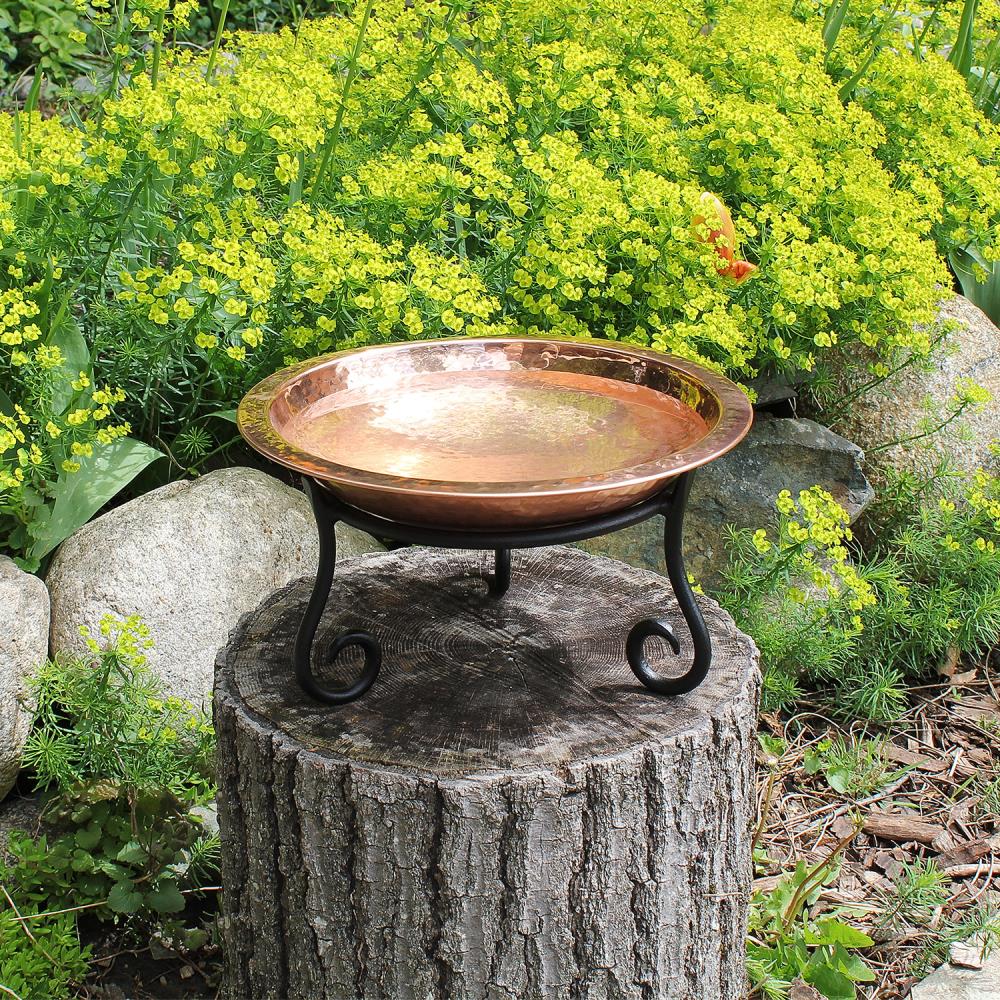 13" Hammered Copper Birdbath with Wrought Iron Stand