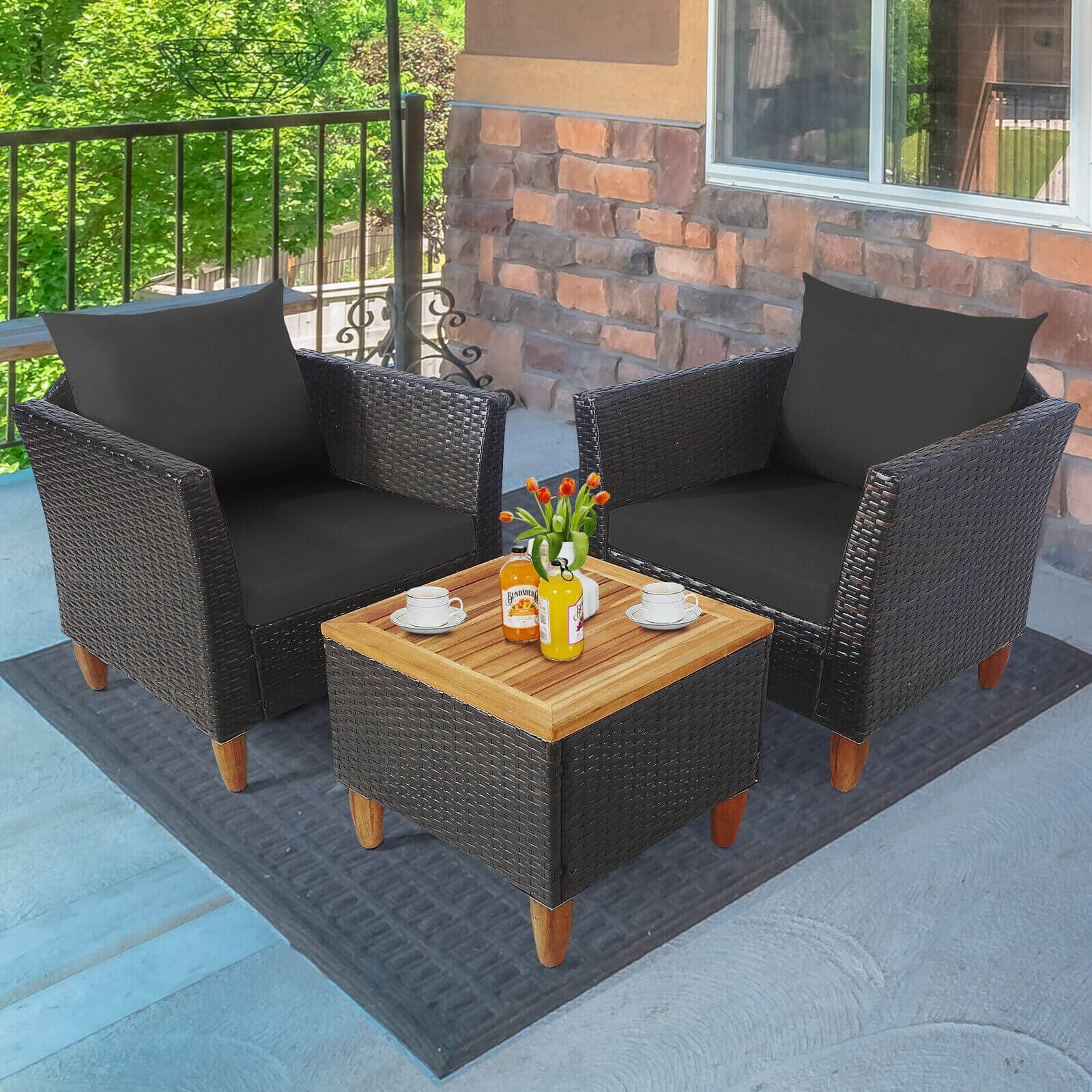 Forclover HBV-9383DK 3 -Piece Rattan Patio Conversation Set with Black Cushions