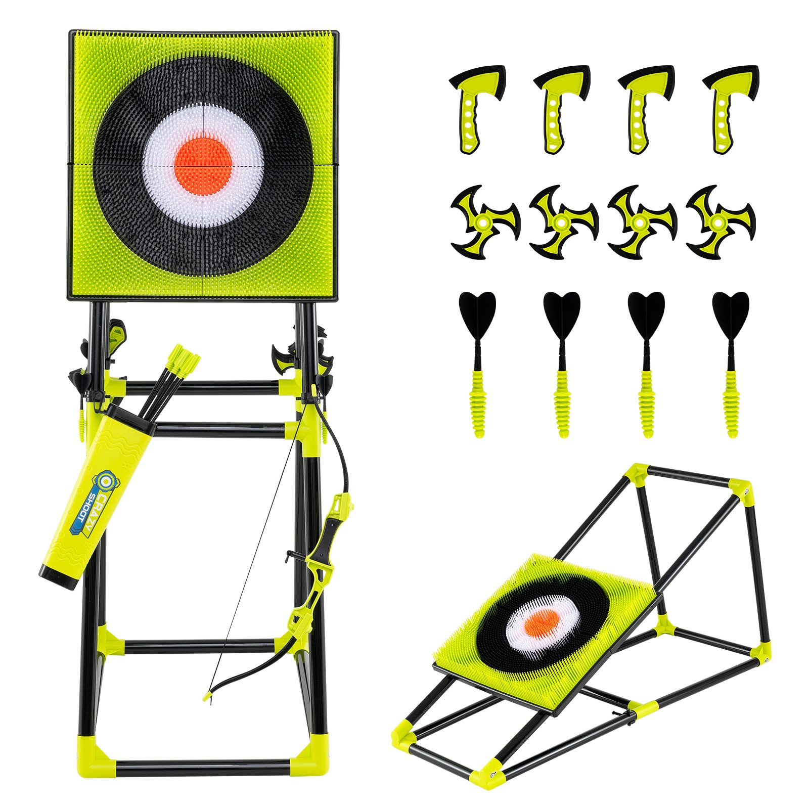 Slickblue 4-in-1 Indoor/Outdoor PP PVC TPE HDPE ABS Throwing Target Set Bristle Target Axe Throwing Game Ninja Darts Bow Arrow Set