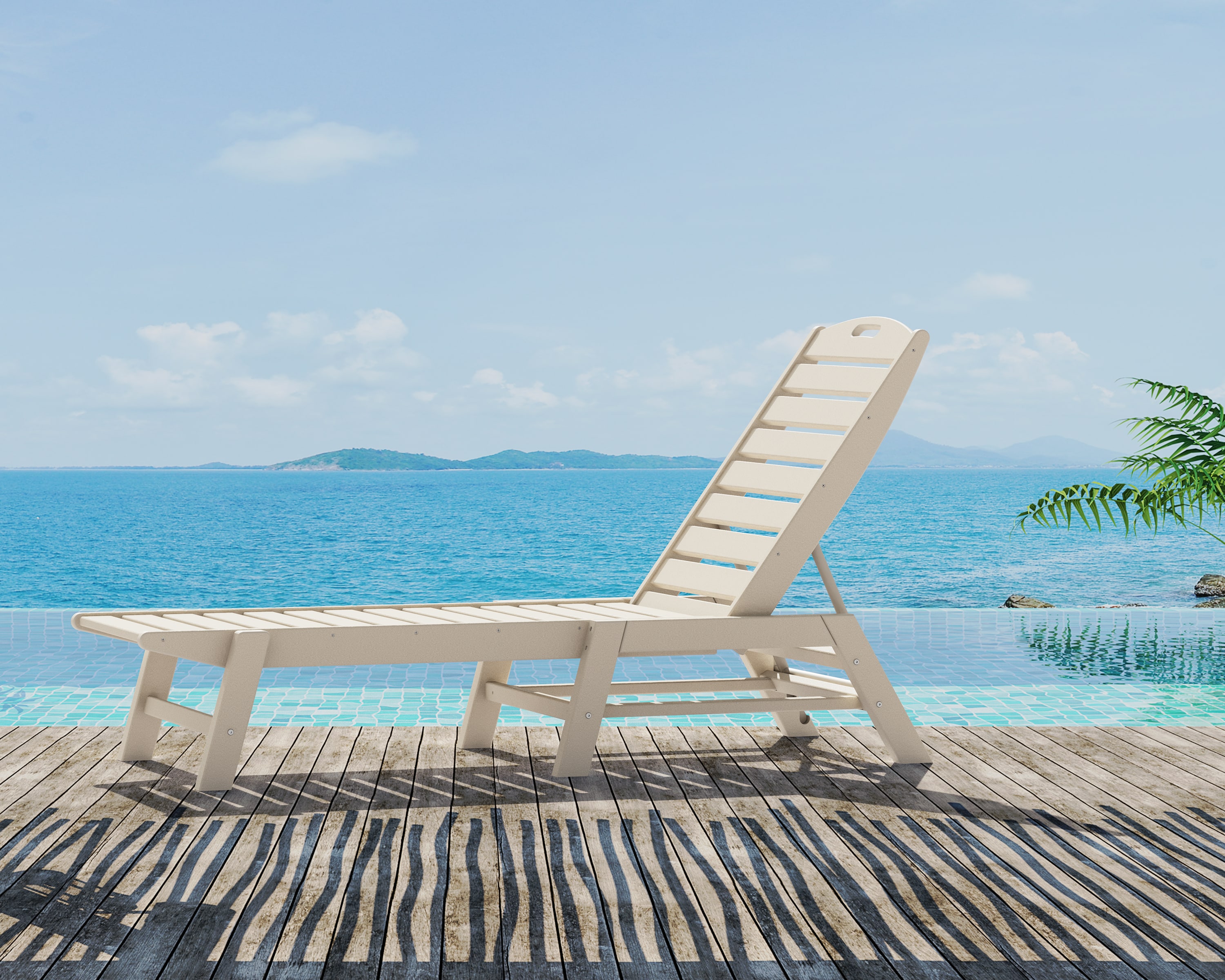 POLYWOOD NAC2280SA Nautical Sand Plastic Frame Stationary Chaise Lounge Chair with Slat Seat