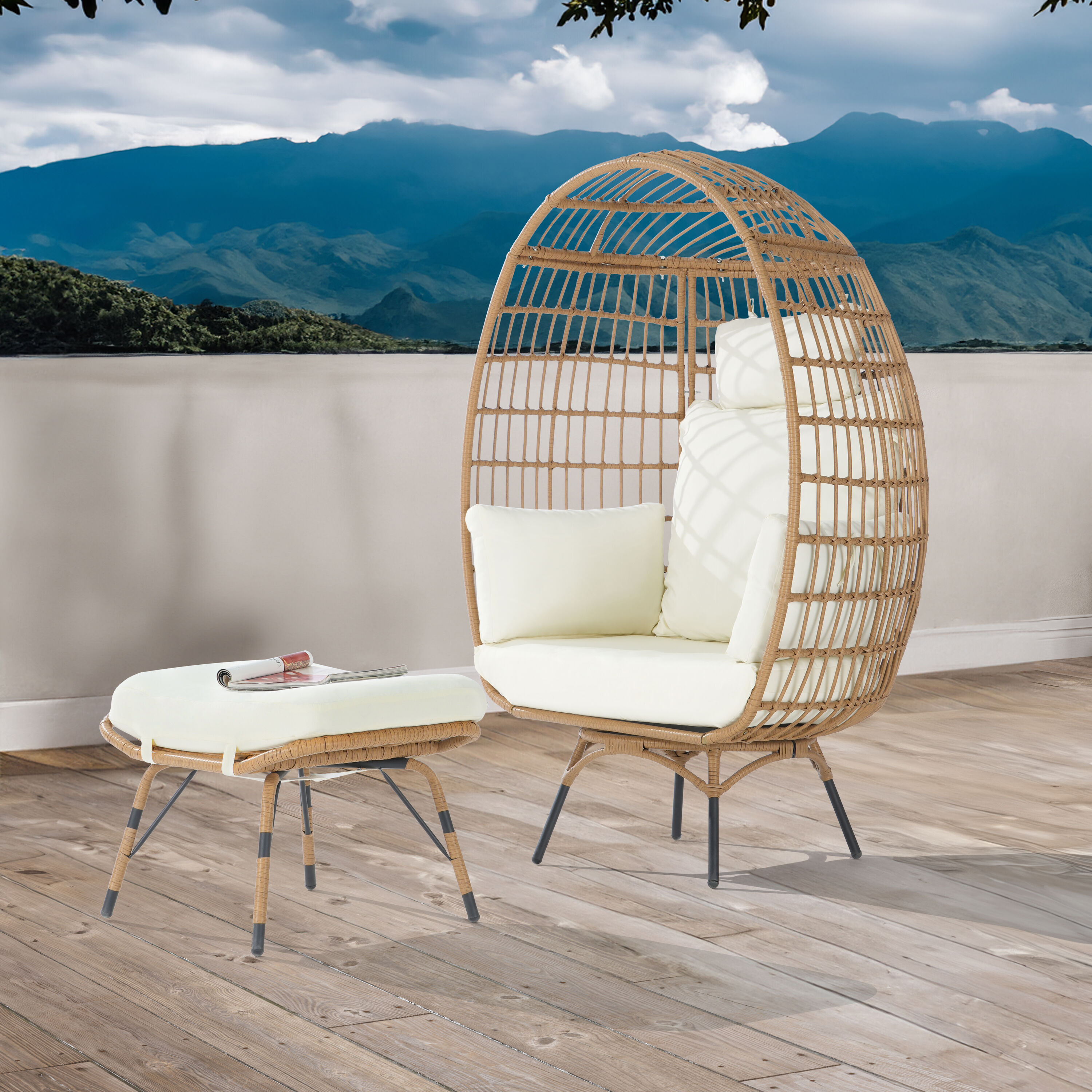 SANSTAR L-RJDC61BE-AD 2 -Piece Wicker Patio Conversation Set with Off-white Cushions