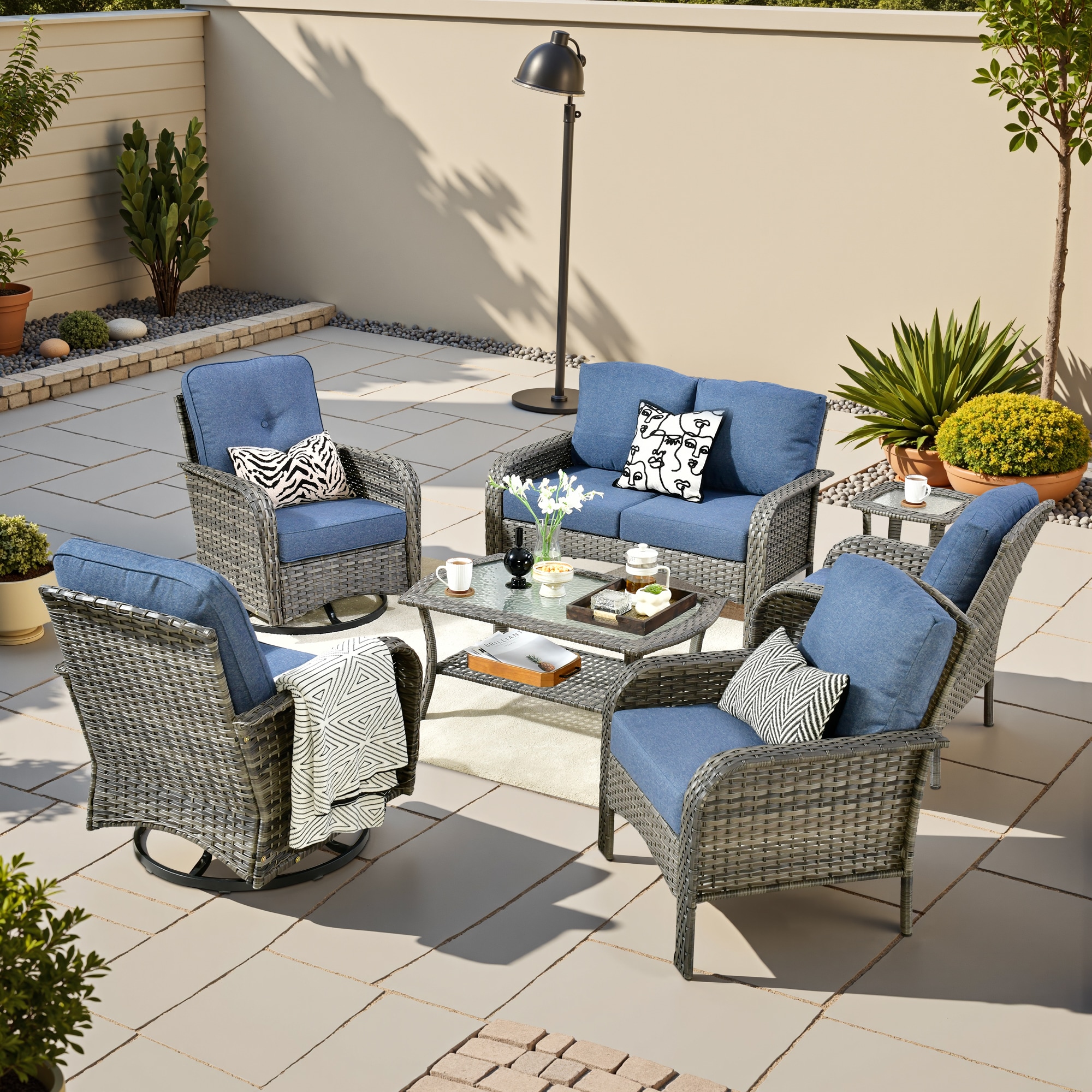 weaxty HMBYZGNCGNDS300S71 Initial 7 -Piece Wicker Patio Conversation Set with Blue Cushions