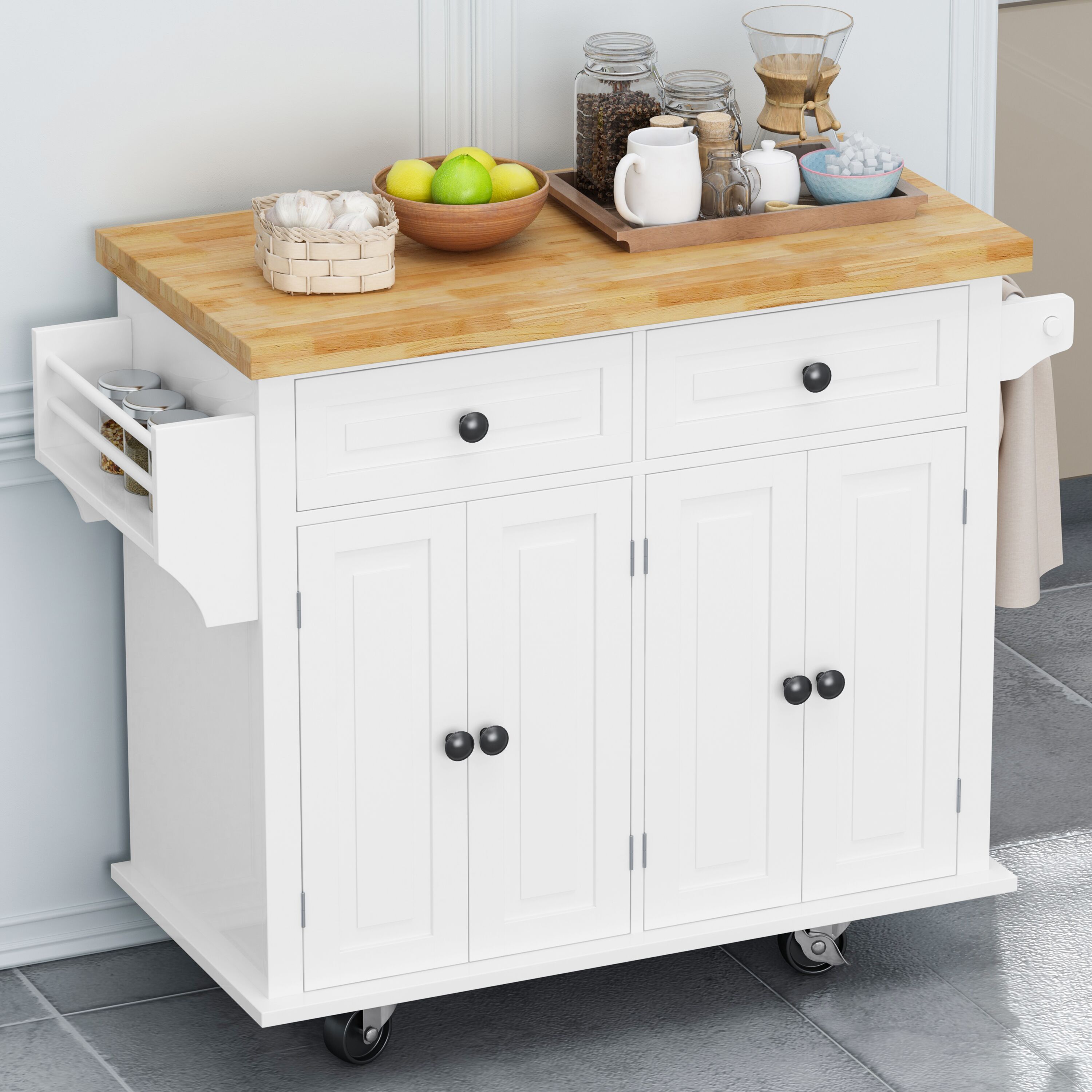 CESICIA White Wood Base with Wood Top Rolling Kitchen Island (17.5-in x ...