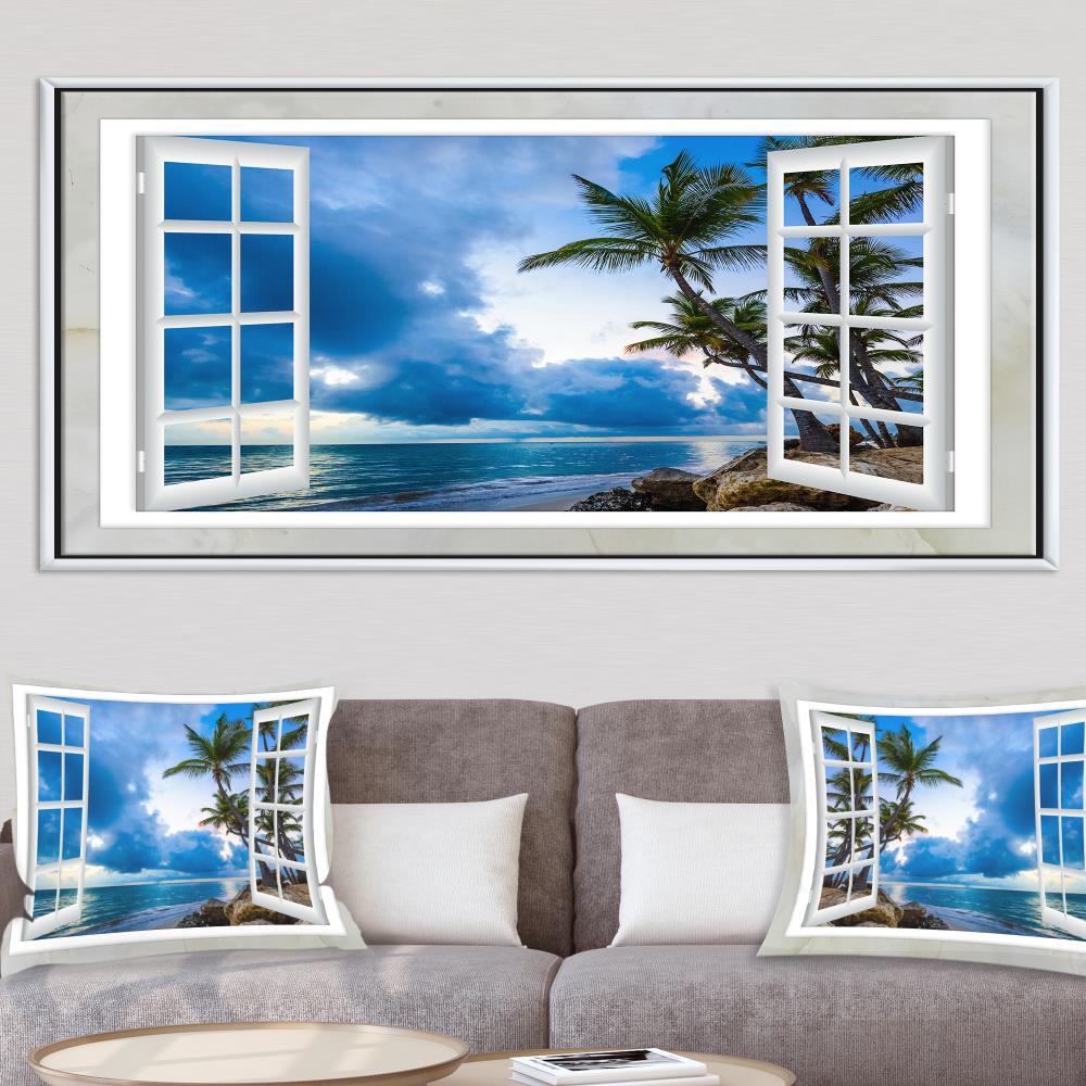Designart FL11421-60-28-WH Window Open to Cloudy Blue Sky- Landscape Framed Canvas Art