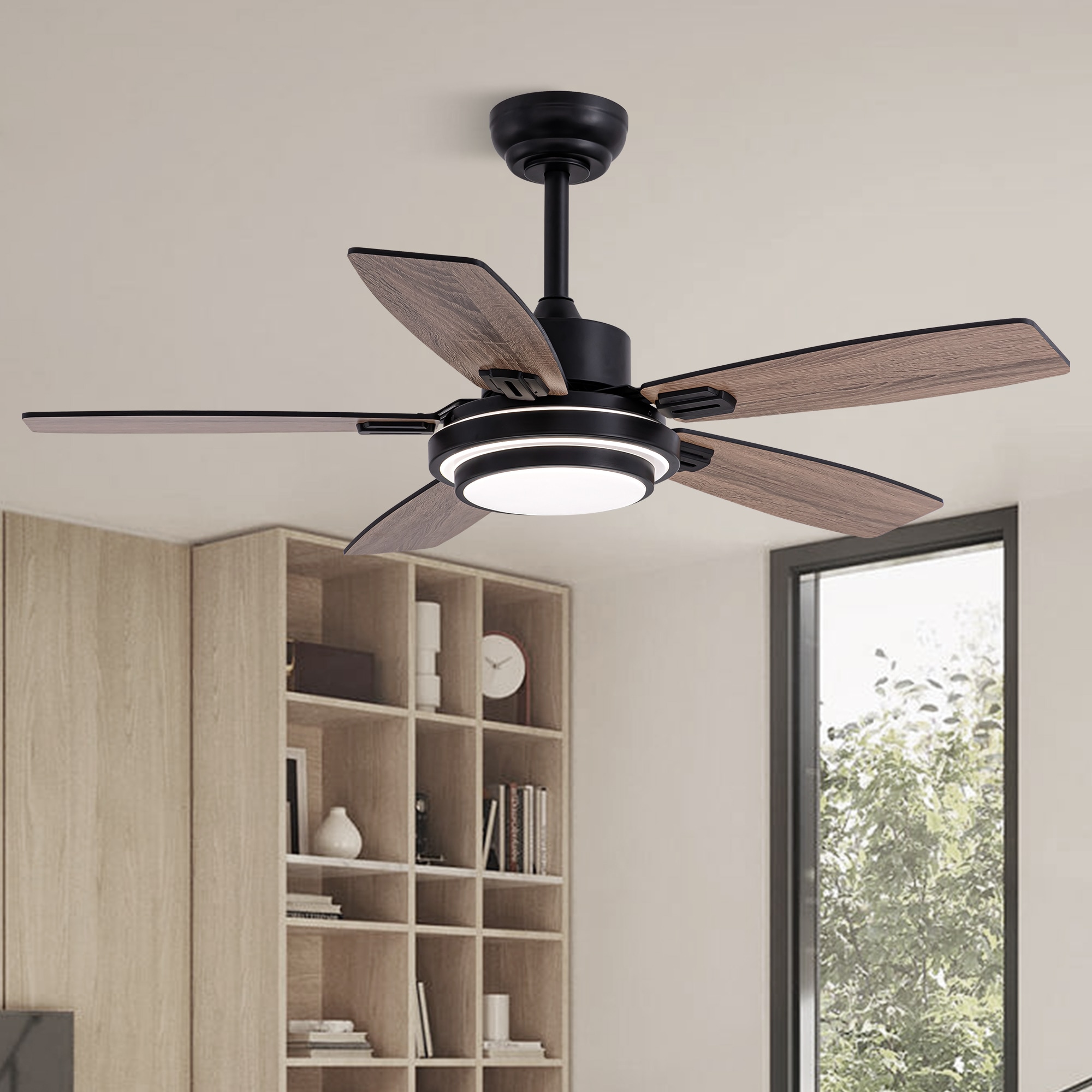 FANNEHONNE 42-In Modern Matte Black Ceiling Fan with Lights Use Quiet DC Motor Remote and App Control for Bedroom Living Room and Coverd Patio