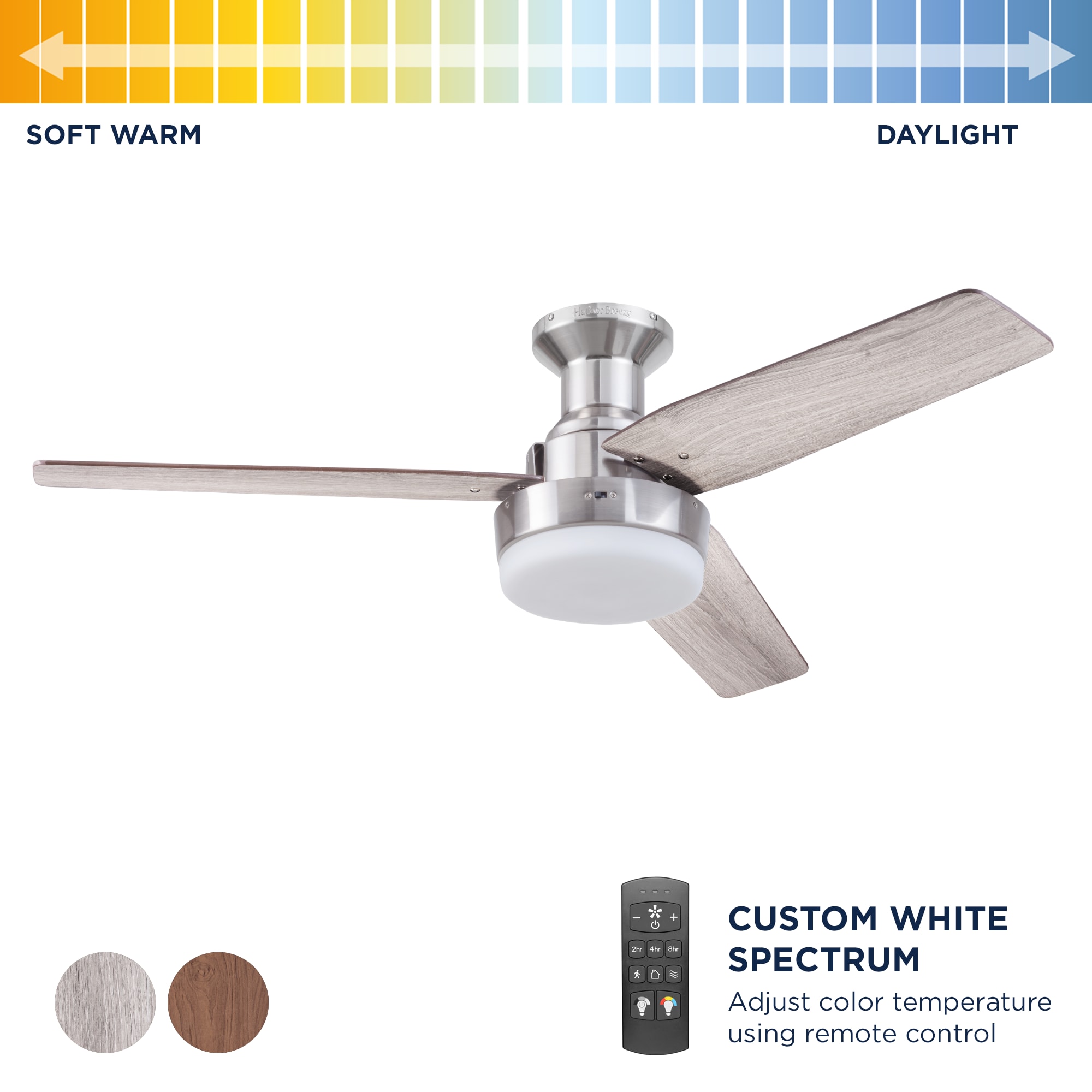 Harbor Breeze 42973 Mac III Easy2Hang 52-in Brushed Nickel Color-changing Indoor Flush Mount Ceiling Fan with Light and Remote (3-Blade)