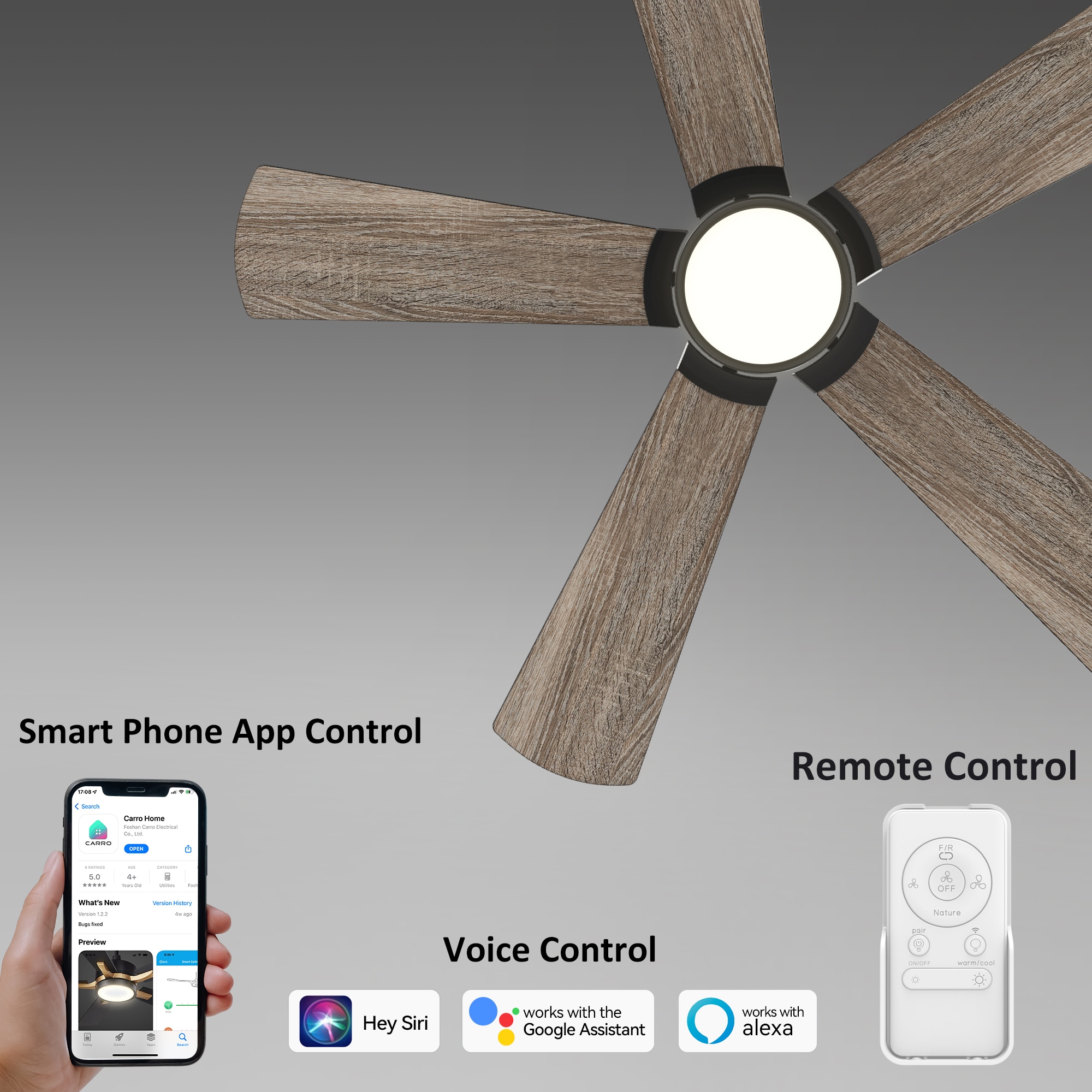 CARRO USA Wilkes 52-in Black with Wooden Blades Indoor/Outdoor Smart Ceiling Fan with Light and Remote (5-Blade) LS525B3-L22-BS-1 Sansujyuku sansujyuku.com