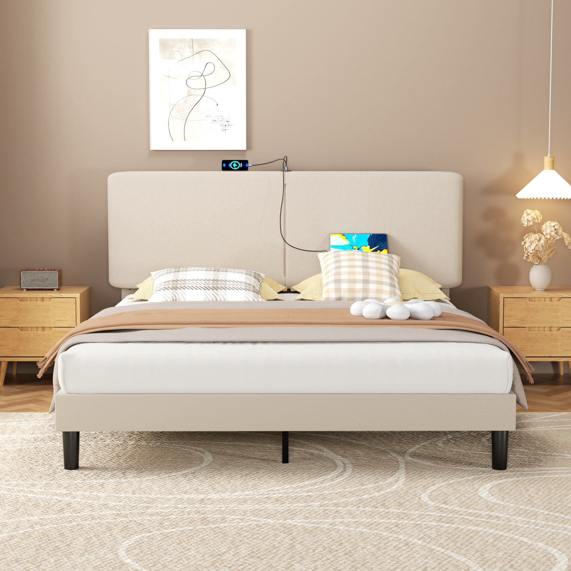 Vecelo LOE-FB13-BGE Full Bed Frame with Type C and USB Ports Upholstered Platform Height Adjustable Headboard Noise Free Easy Assembly Beige