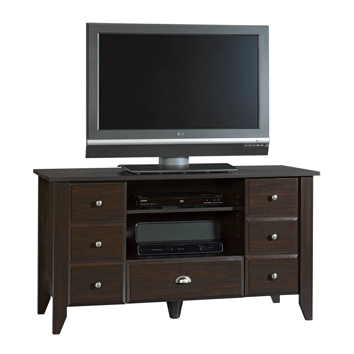 Sauder 409732 Shoal Creek Country Jamocha Wood Pedestal TV Stand (Accommodates 41-in to 50-in)