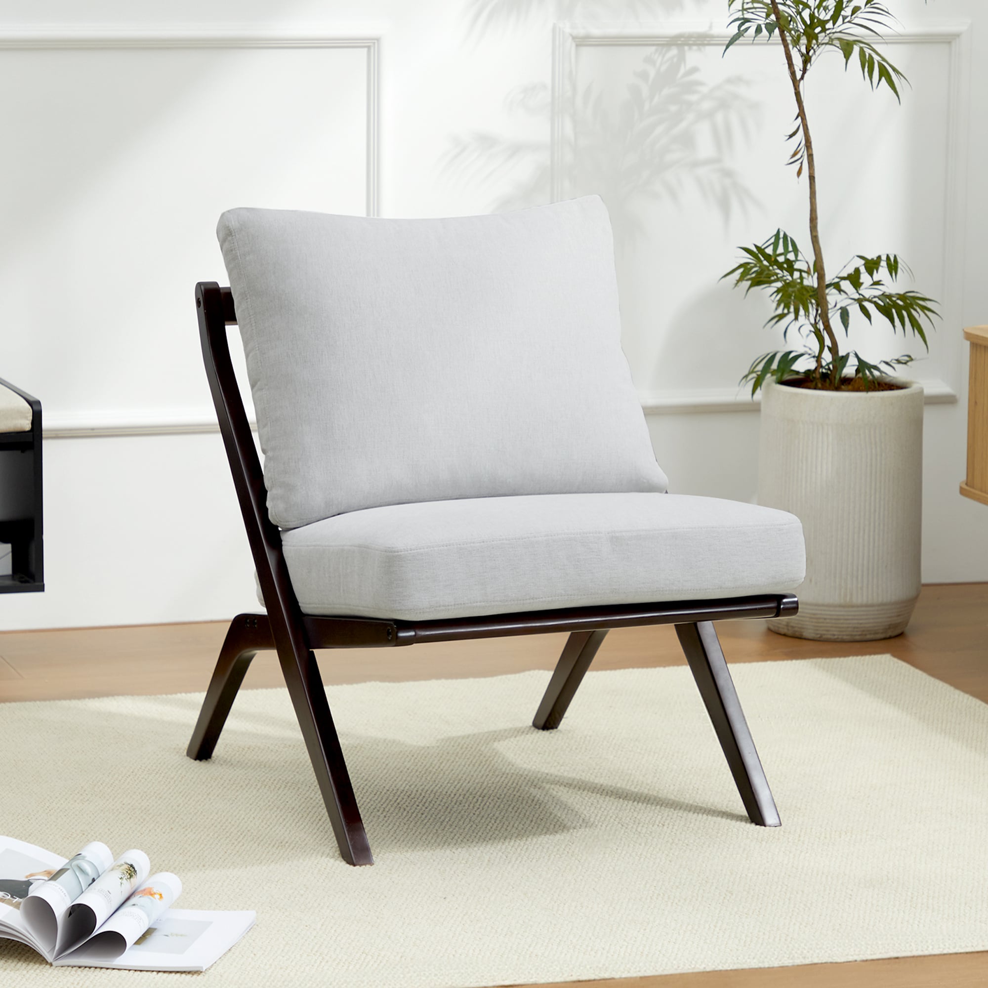 JEAREY JE-HMLG-WH-T Brown Wood Frame Stationary Balcony Chair with Gray Cushioned Seat
