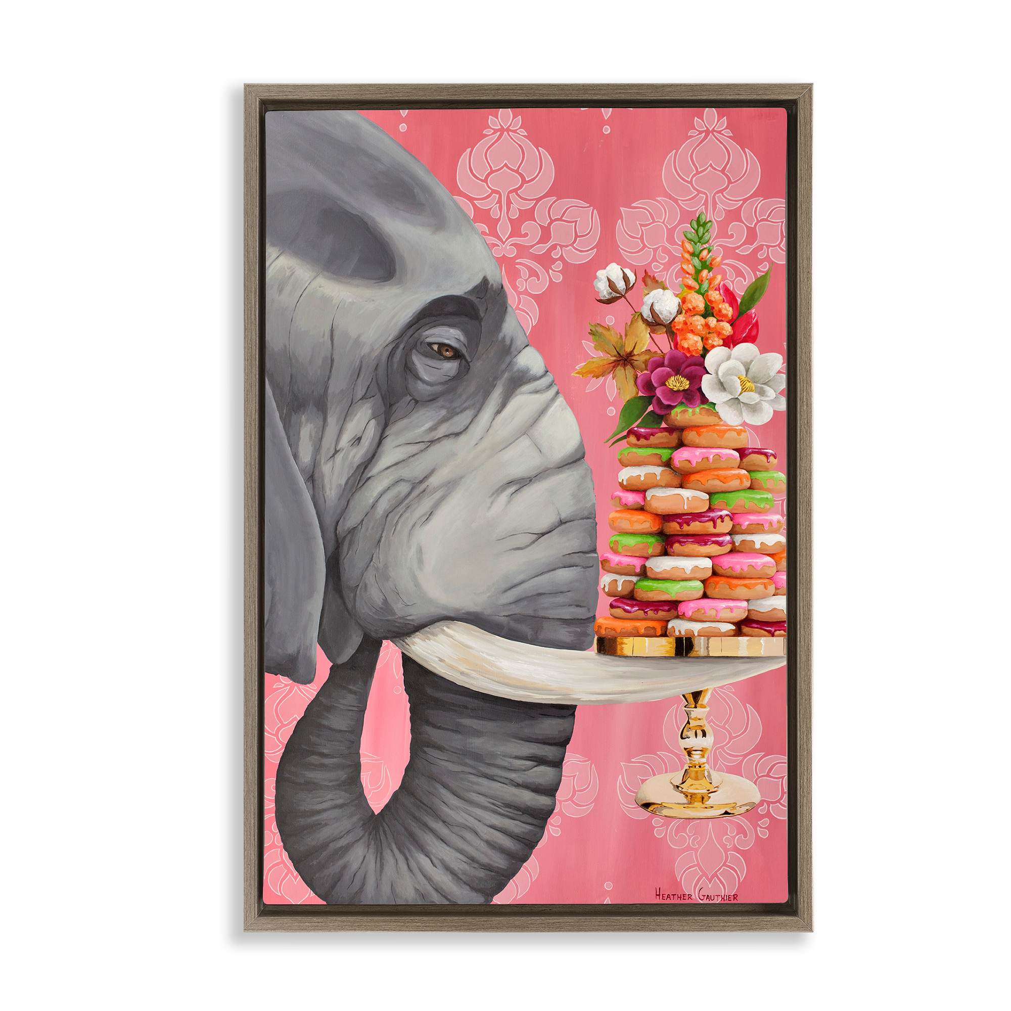 Stupell Industries BS-995-FFE-16X24 Elephant and Stacked Desserts Brown Framed Floater Canvas Wall Art By Heather Gauthier 17 x 25