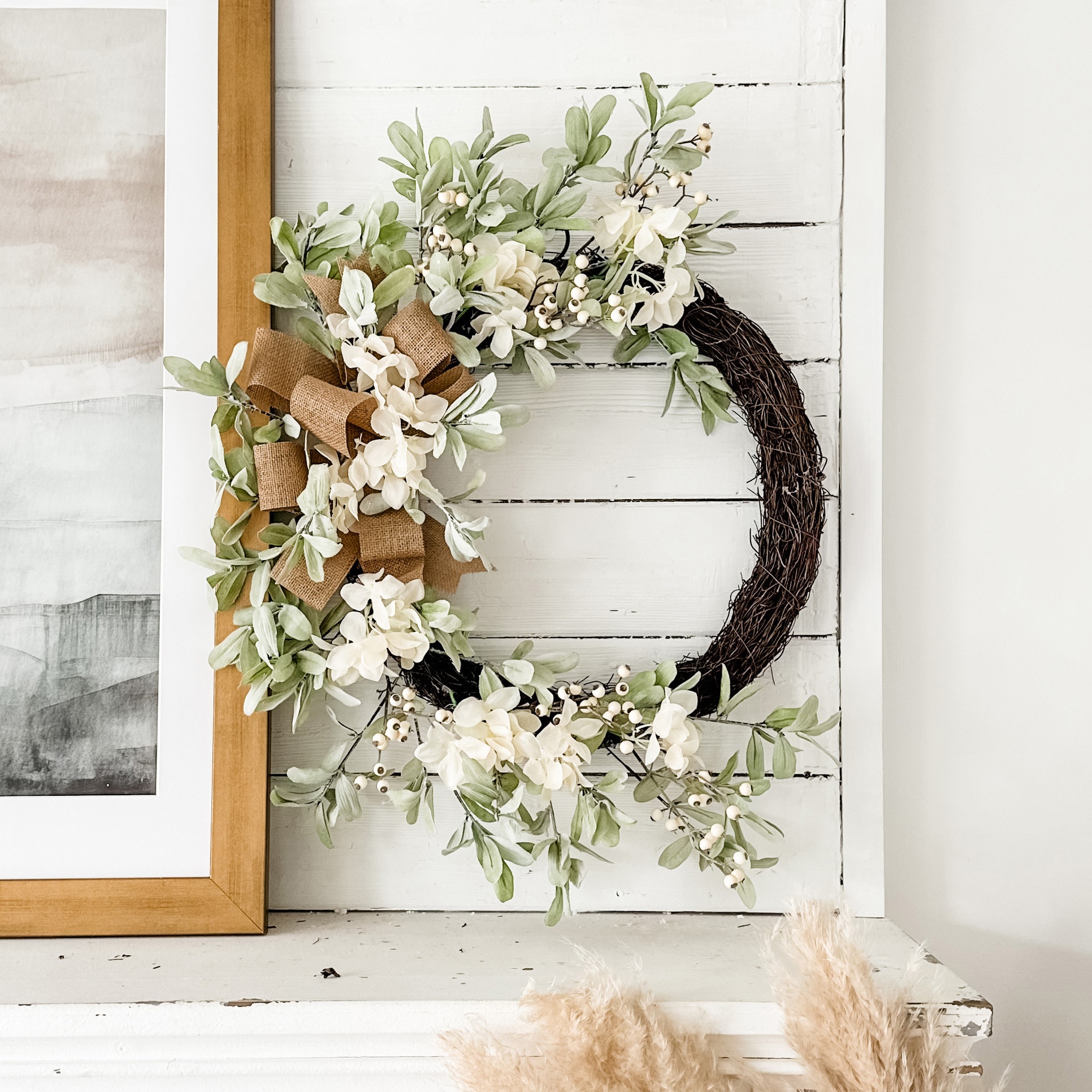 Crescent Grapevine Hydrangea Wreath with Burlap Bow - 28''
