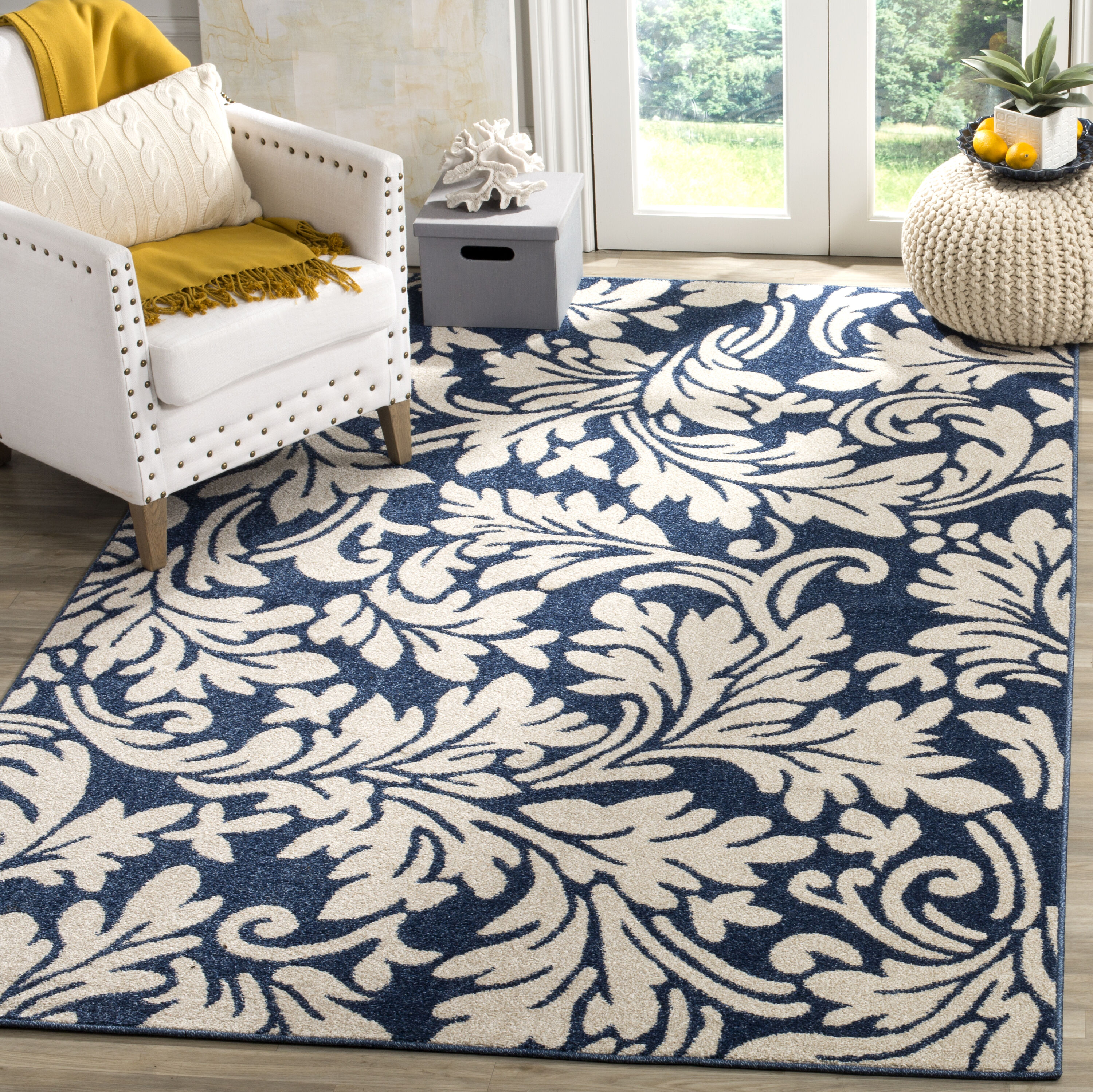Safavieh AMT425P-3 Amherst Clara 3 x 5 (ft) Loomed Synthetic Navy/Ivory Rectangular Indoor/Outdoor Floral/Botanical Throw rug