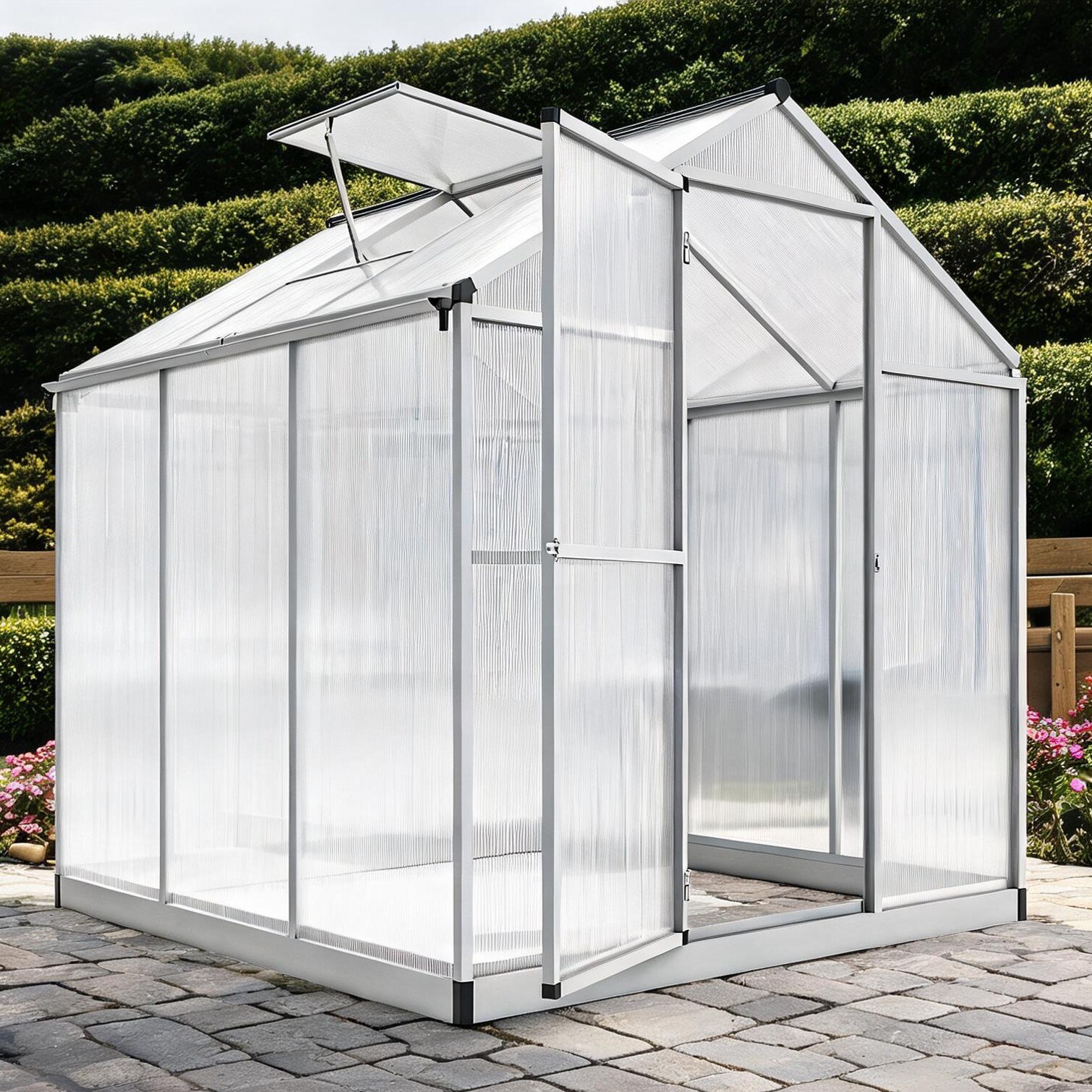 sunjurt 6 x 6 ft Greenhouse for Outdoor Space in Silver Aluminum and Polycarbonate Sheets featuring Walk-In Access