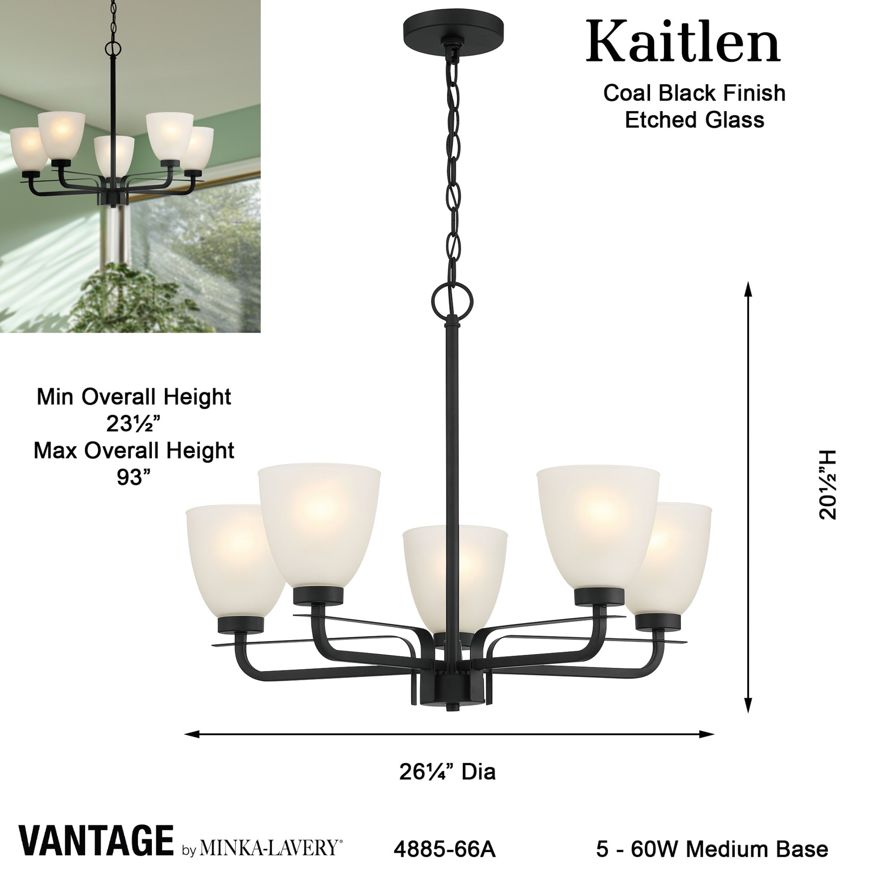 Mini Coal Black 5-Light Chandelier with Etched Glass Shade
