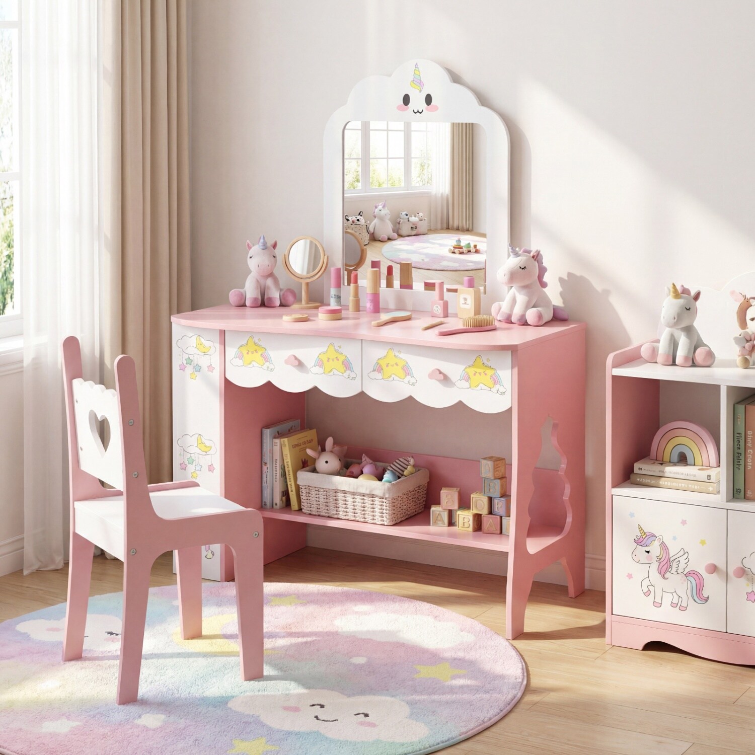 Volenca MDF Kids Vanity Table and Chair Set with 2 Drawers Side Shelves