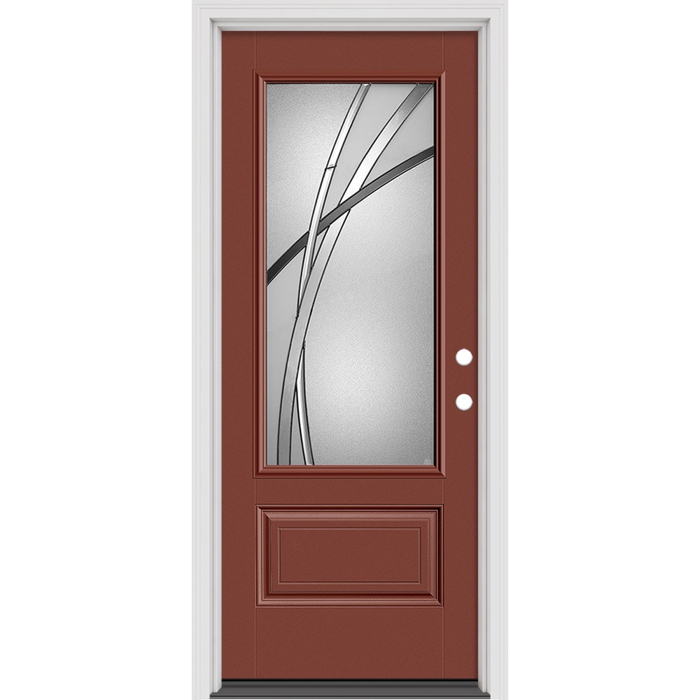 Masonite 632618 Kordella 32-in x 80-in x 4-9/16-in Fiberglass 1/4 lite Right-hand inswing Chocolate Painted Prehung Slab Front Door with Brickmould Solid core