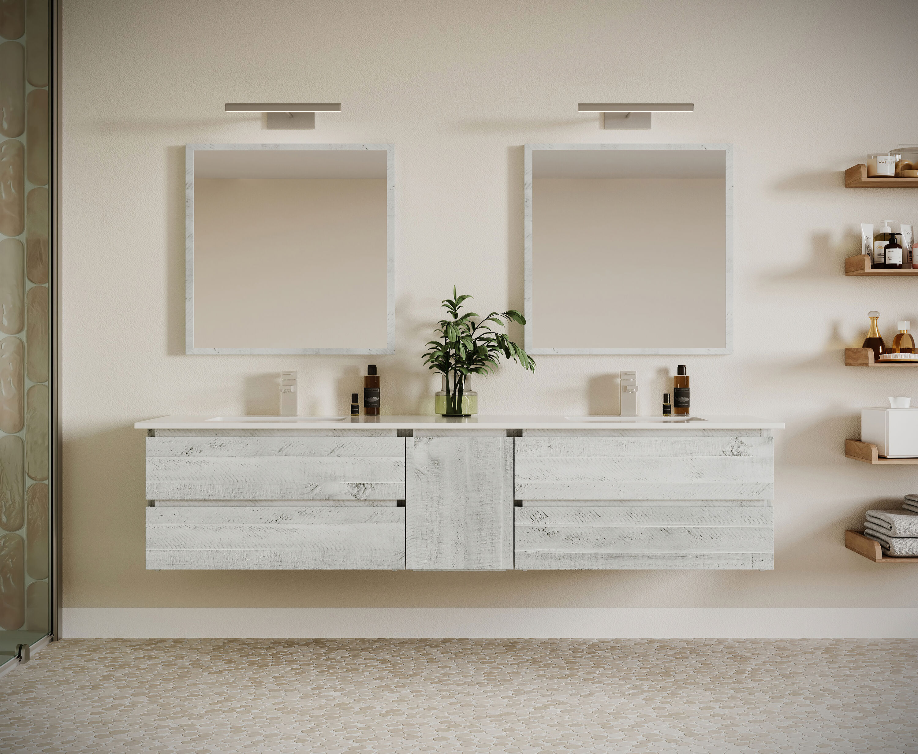 Fresca FVN31-361236RWH Formosa 84-in Rustic White Undermount Double sink Floating Bathroom Vanity with White Quartz Top (Mirror Included)