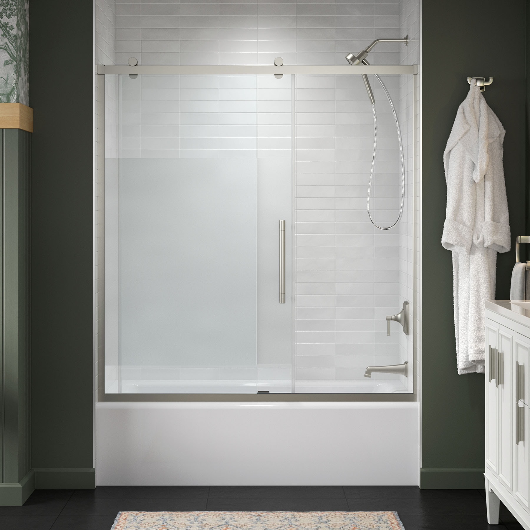 KOHLER 702473-8G81-BNK Premise Anodized Brushed Nickel 56-in to 60-in W x 61.69-Inches H Frameless Sliding Soft Close Bathtub door