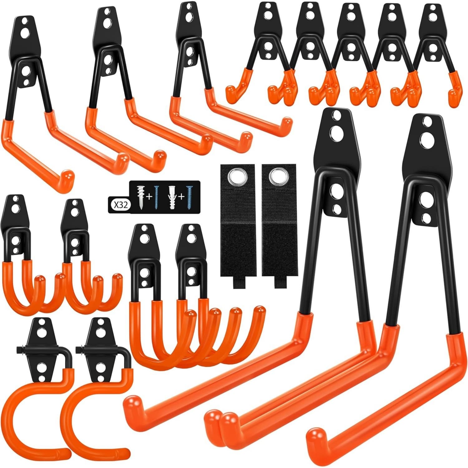 OGETFUUR 18-Pack Assorted Heavy Duty Steel Anti-Slip Orange Garage Hooks Set for Garage Wall