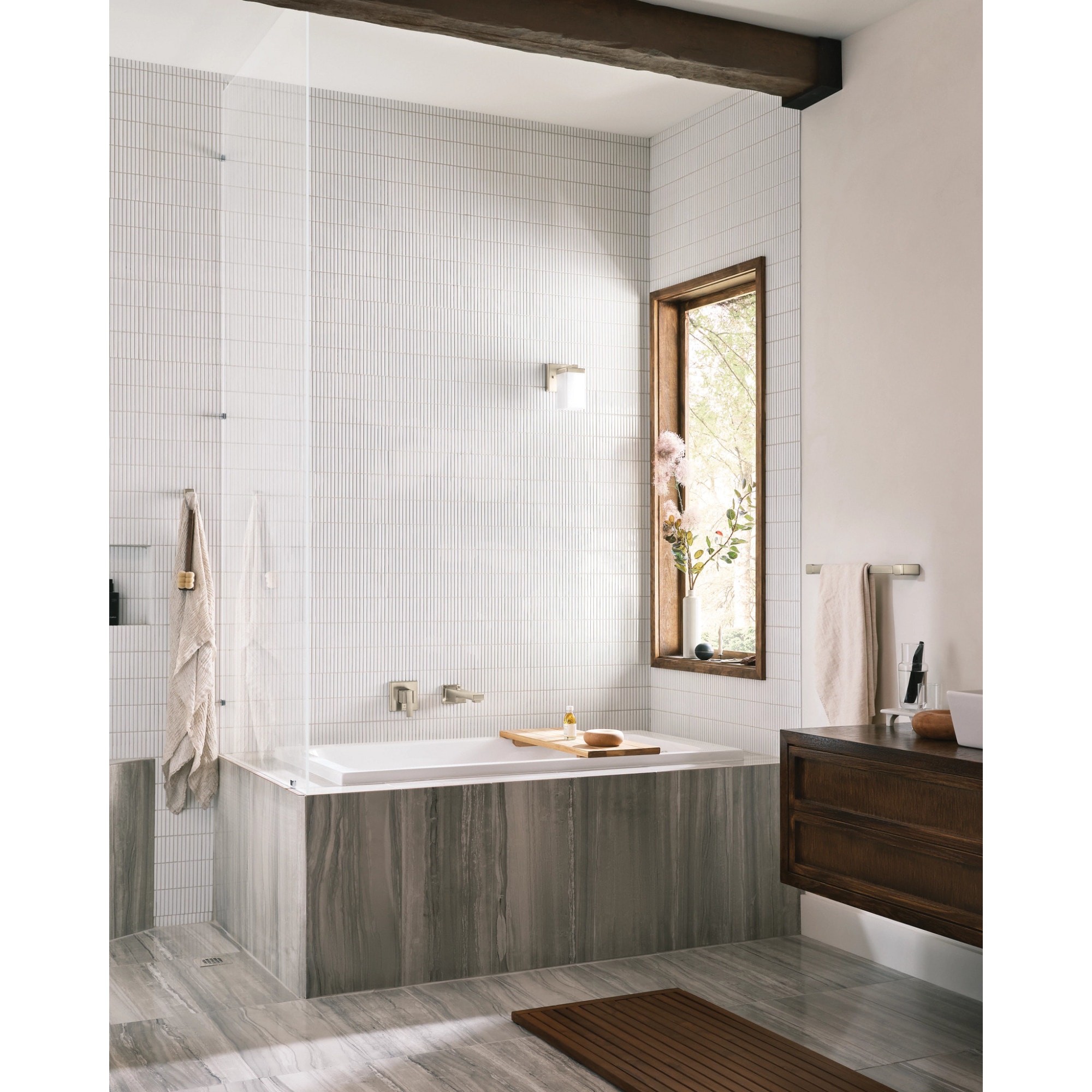 Sleek 90 Degree Brushed Nickel Wall-Mount Tub Filler with Single Handle